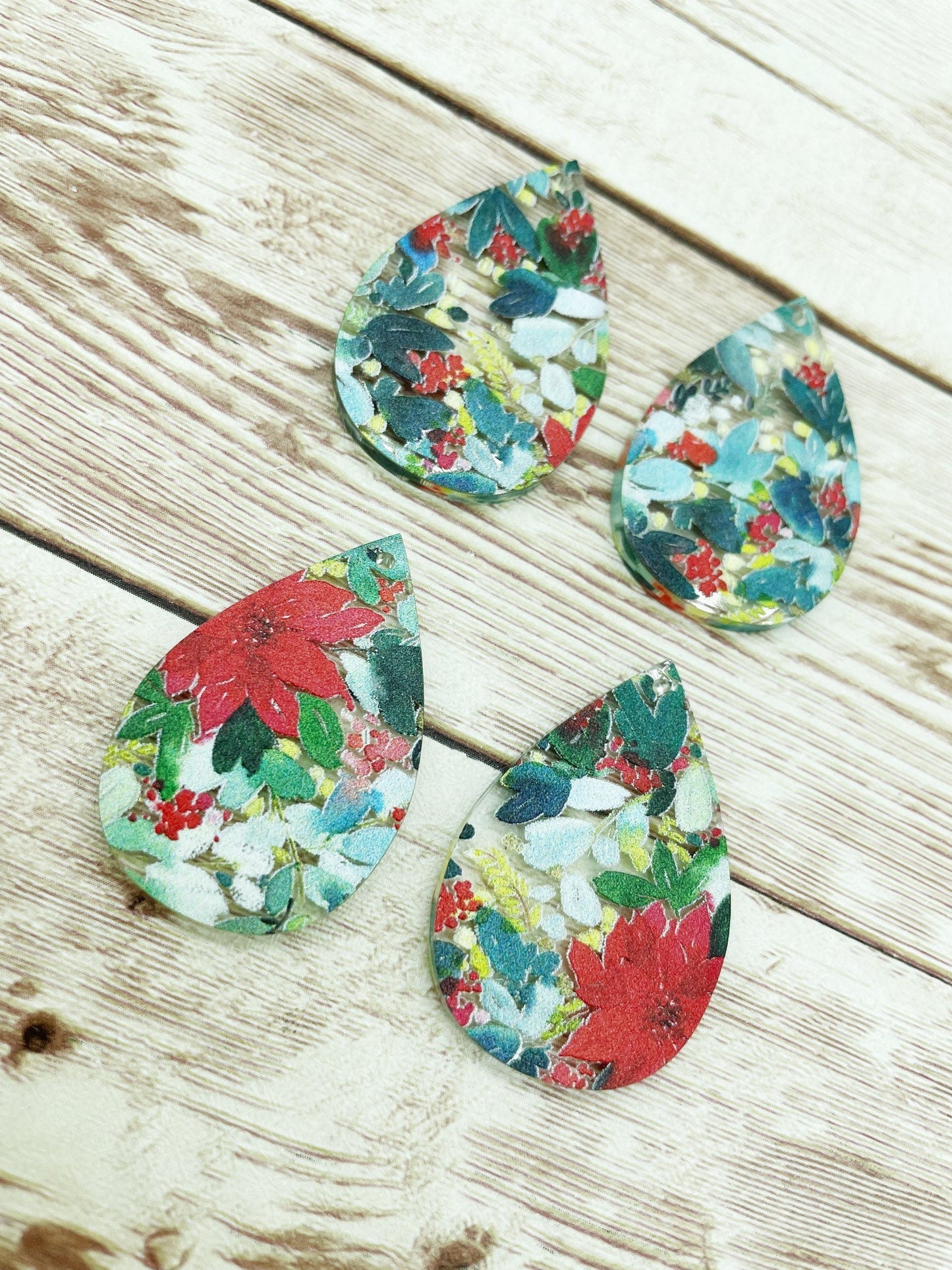 Patterned Watercolor Poinsettia Print Acrylic Teardrop Earring Blanks, DIY Jewelry Making