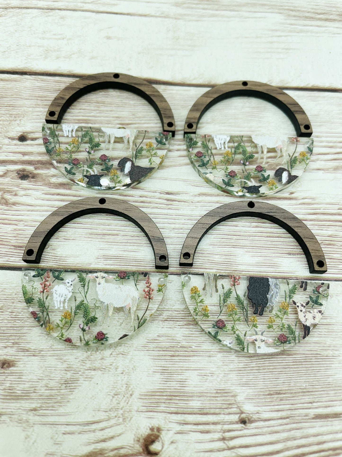 Patterned Floral Goat Acrylic and Wood Arch Round Earring Blanks, DIY Jewelry Making