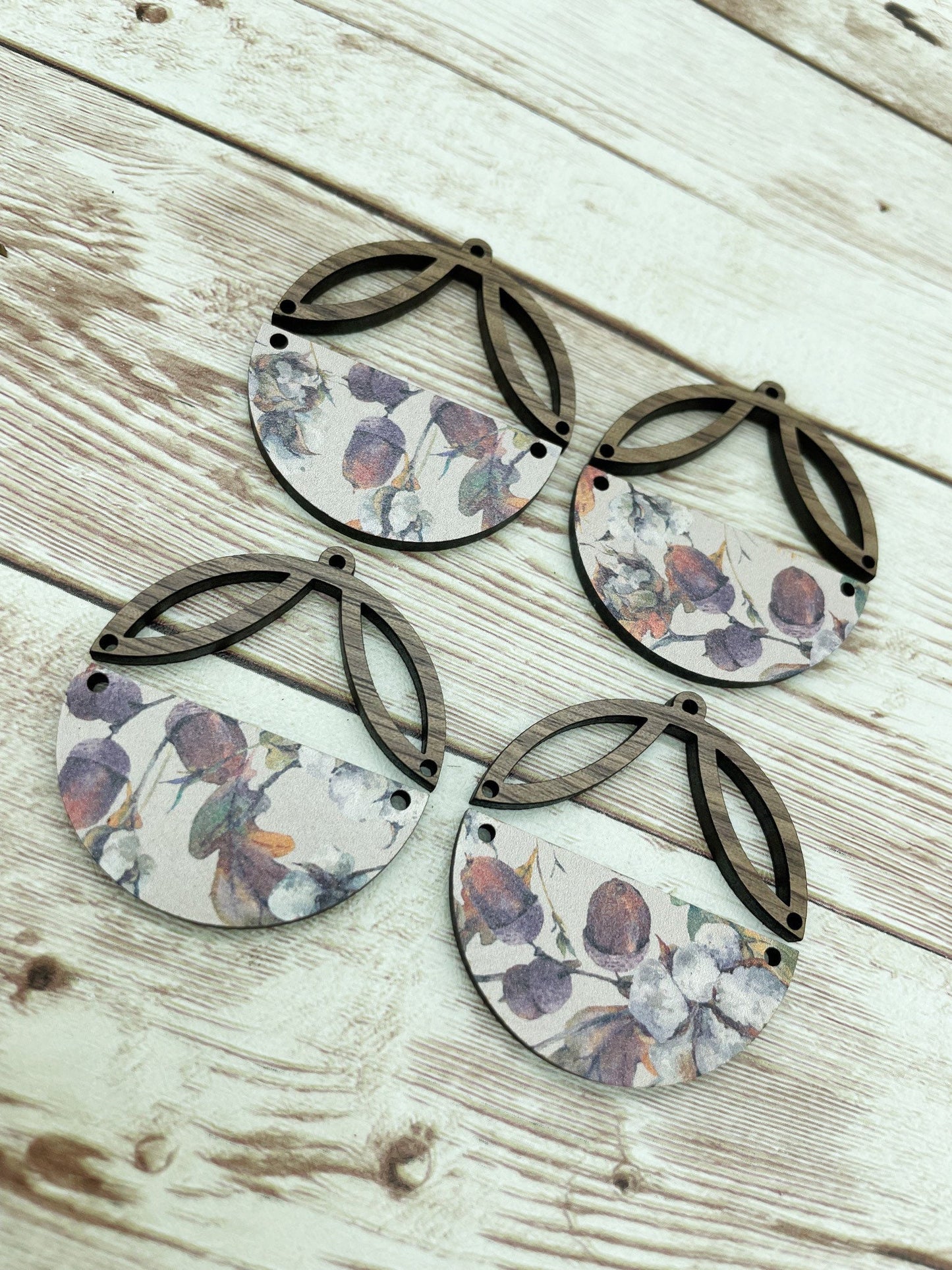 Patterned Fall Cotton and Acorn Intricate Wood Arch Round Earring Blanks, DIY Jewelry Making