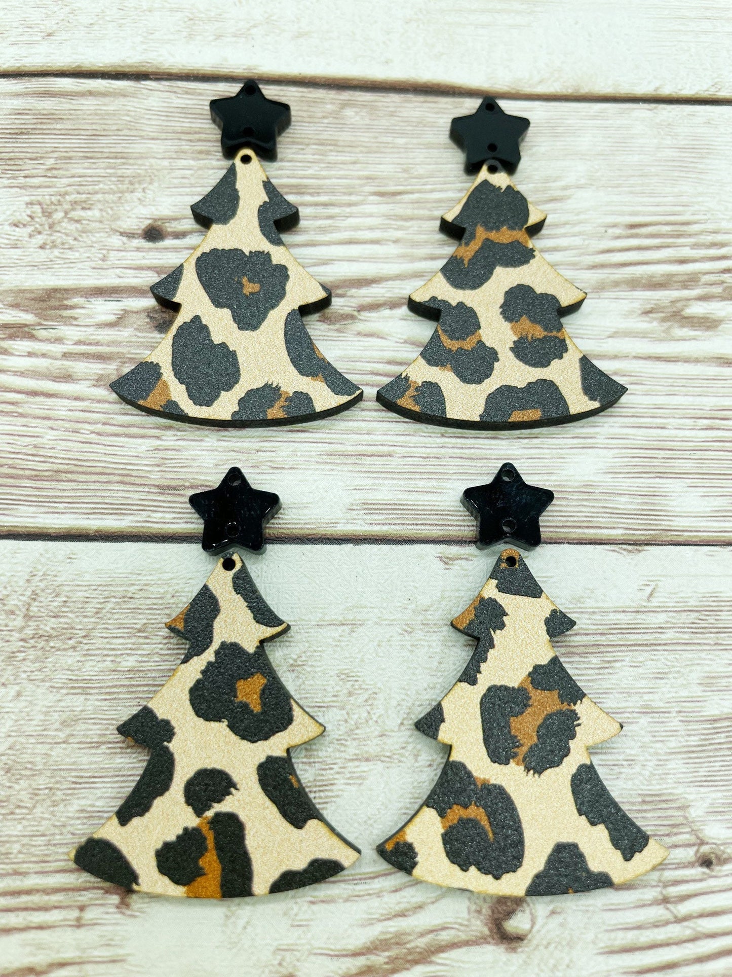Patterned Leopard Print Wood Christmas Tree and Star Connector Set Earring Blanks, DIY Jewelry Making