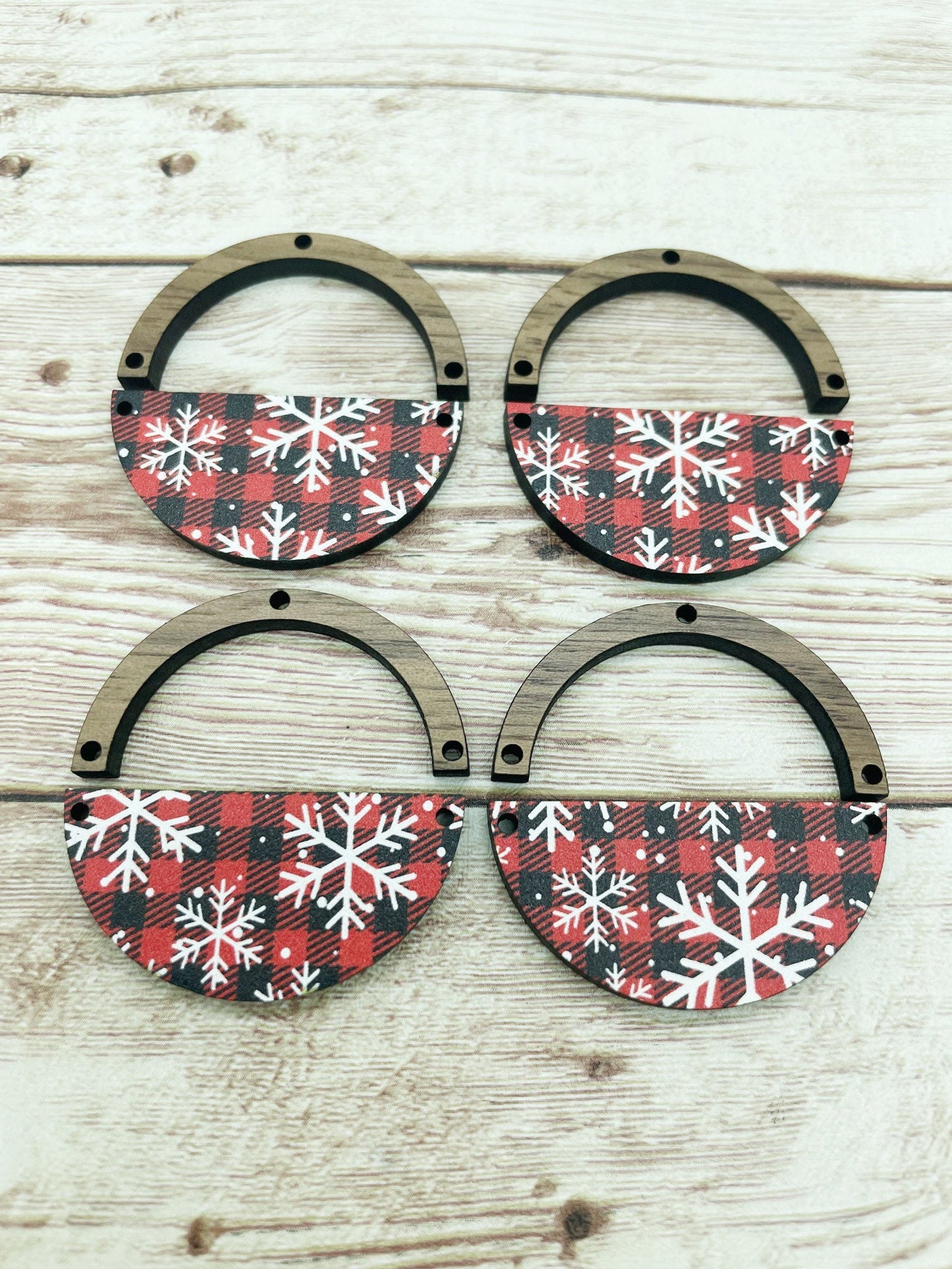 Patterned Wood and Wood Arch Round Snowflake Buffalo Plaid Earring Blanks, DIY Jewelry Making