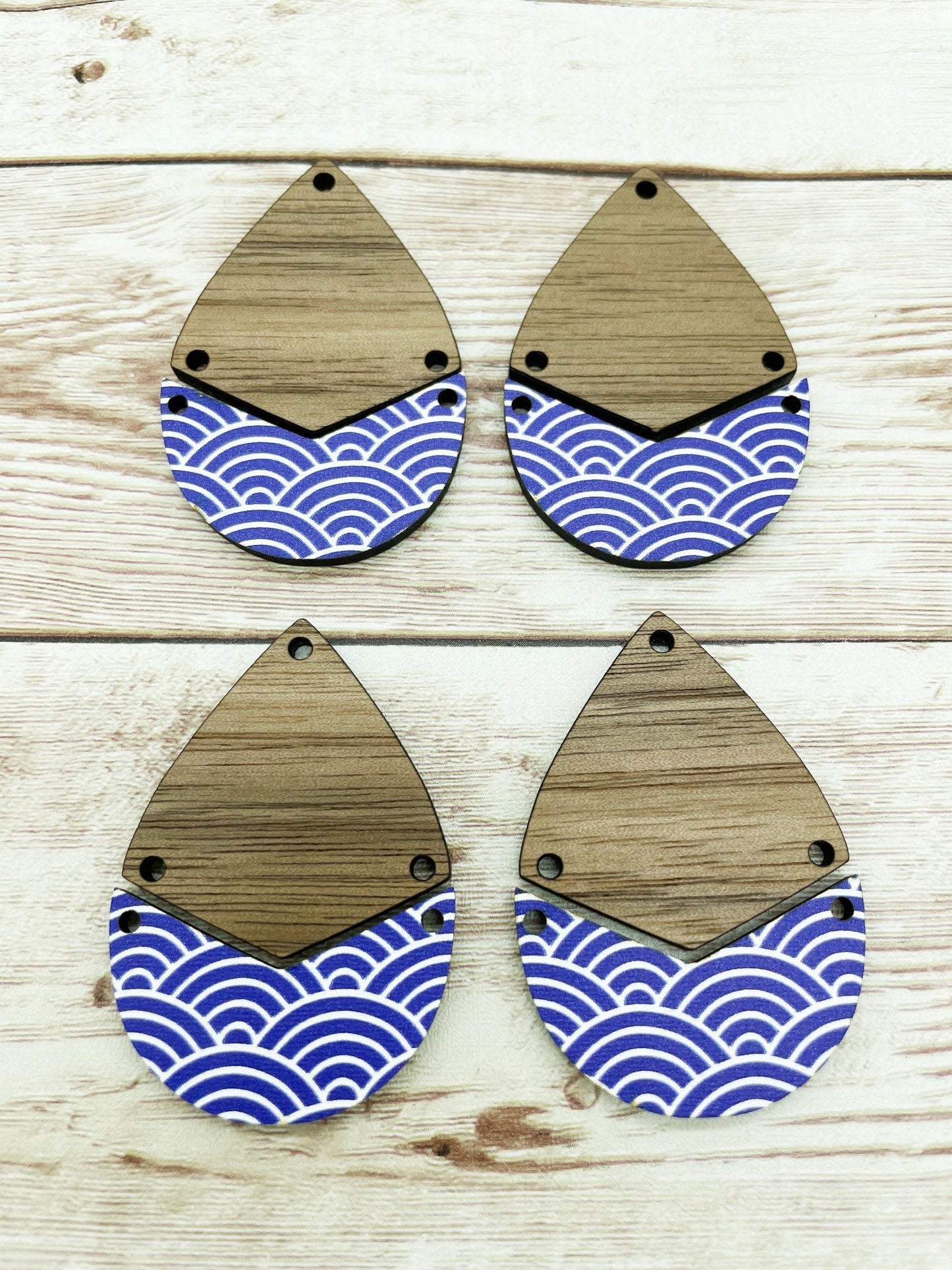 Patterned Blue Scalloped Wood and Walnut Teardrop Set Earring Blanks, DIY Jewelry Making