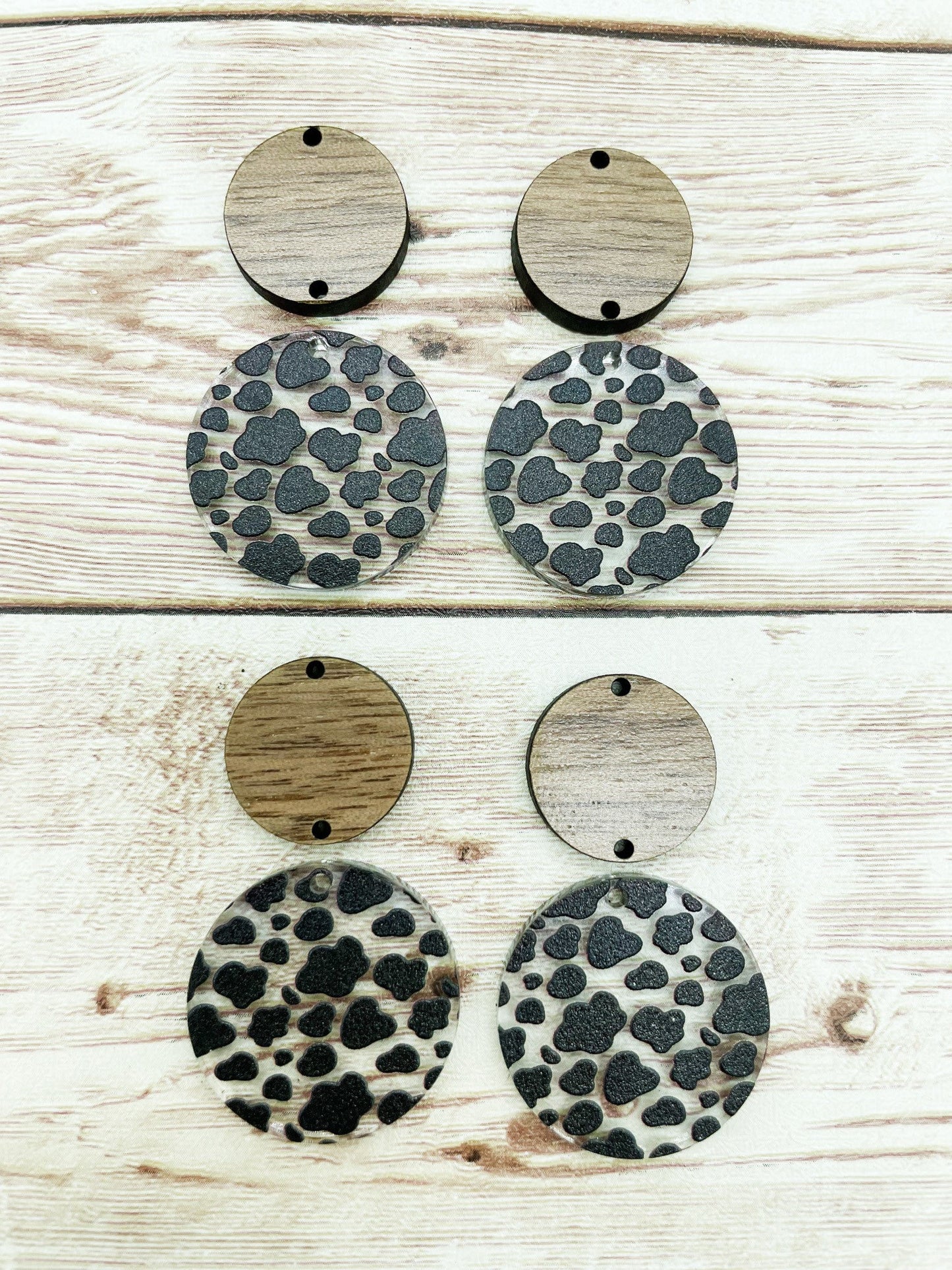 Patterned Cow Print Acrylic and Wood Circle Set Earring Blanks, DIY Jewelry Making