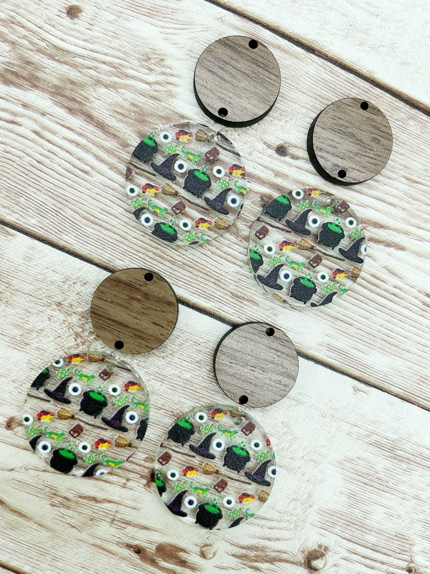 Patterned Halloween Witches Cauldron Acrylic and Wood Circle Set Earring Blanks, DIY Jewelry Making