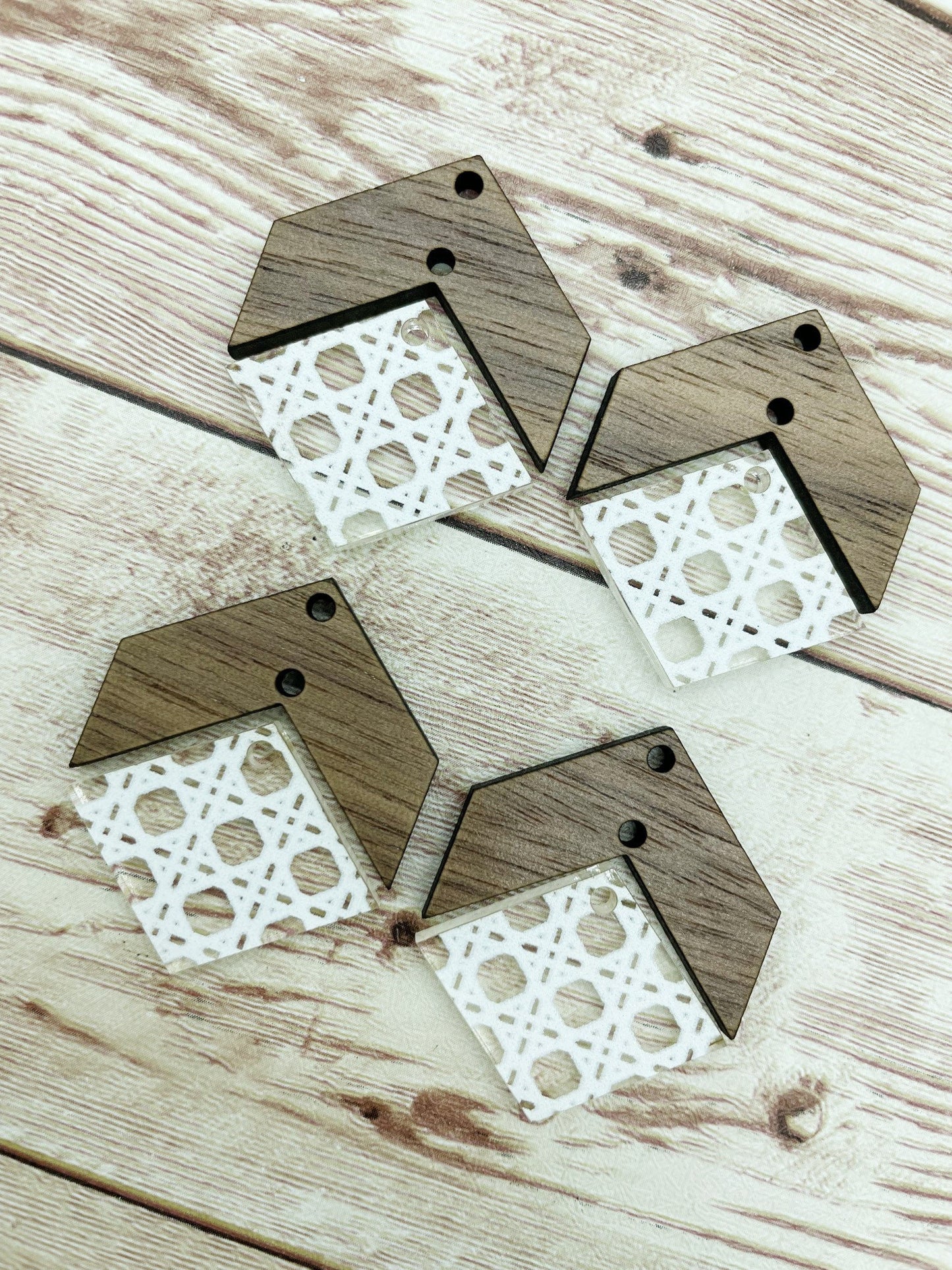 Patterned White Rattan Acrylic and Wood Arrow Diamond Set Earring Blanks, DIY Jewelry Making