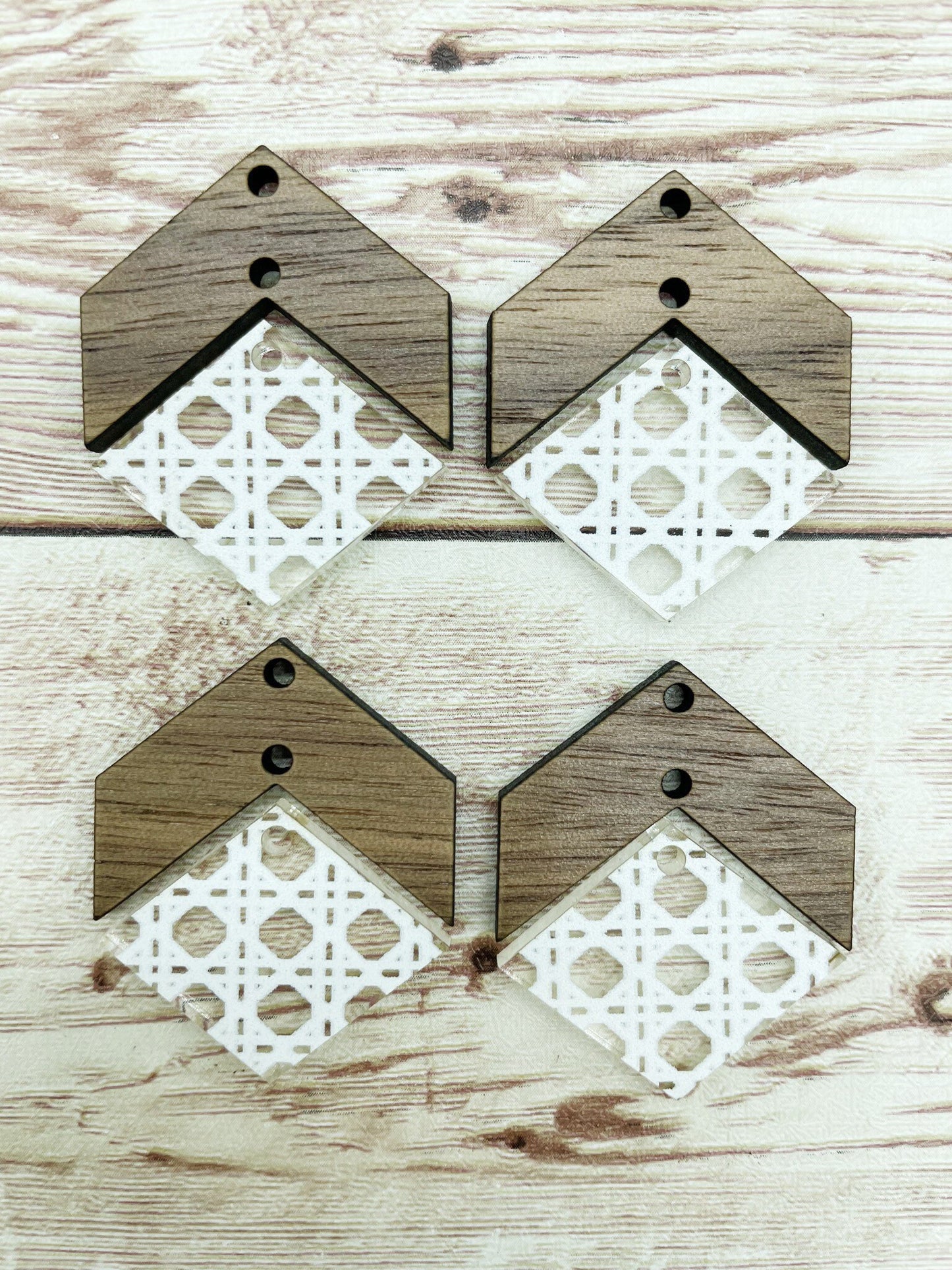 Patterned White Rattan Acrylic and Wood Arrow Diamond Set Earring Blanks, DIY Jewelry Making