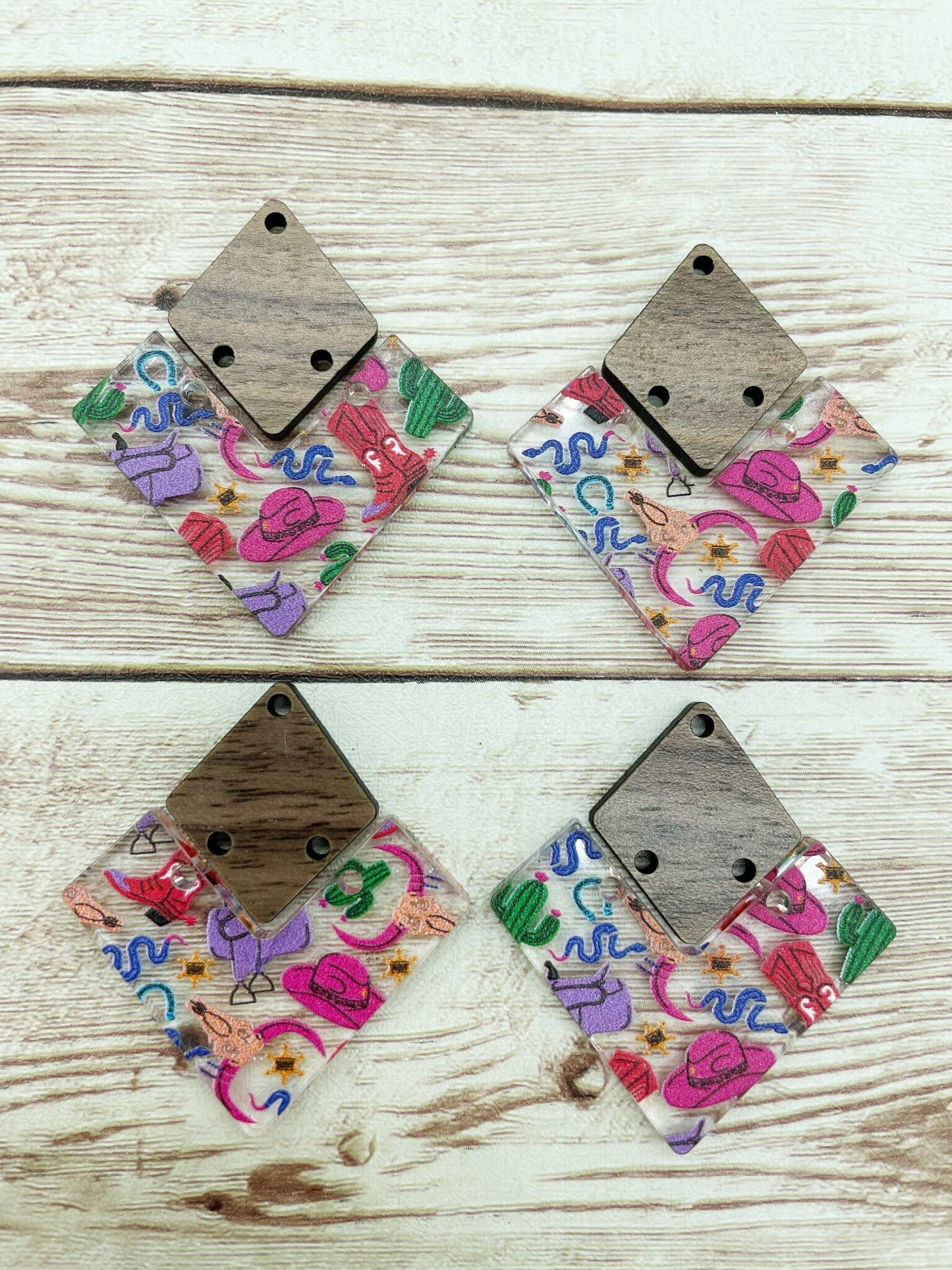 Patterned Cowgirl Print Acrylic and Wood Earring Blanks, DIY Jewelry Making