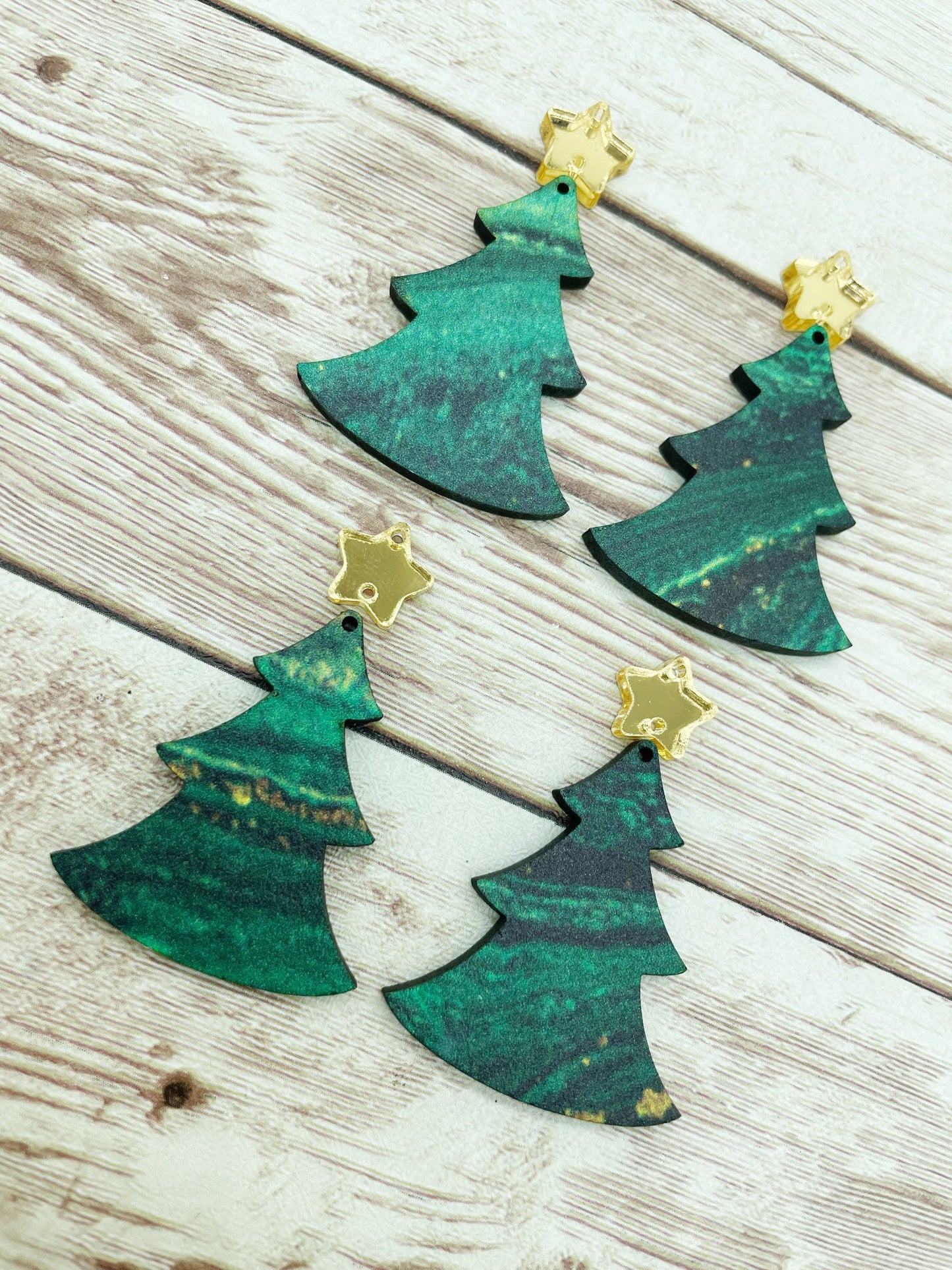 Patterned Wood Green Christmas Tree and Acrylic Star Connector Set Earring Blanks, DIY Jewelry Making