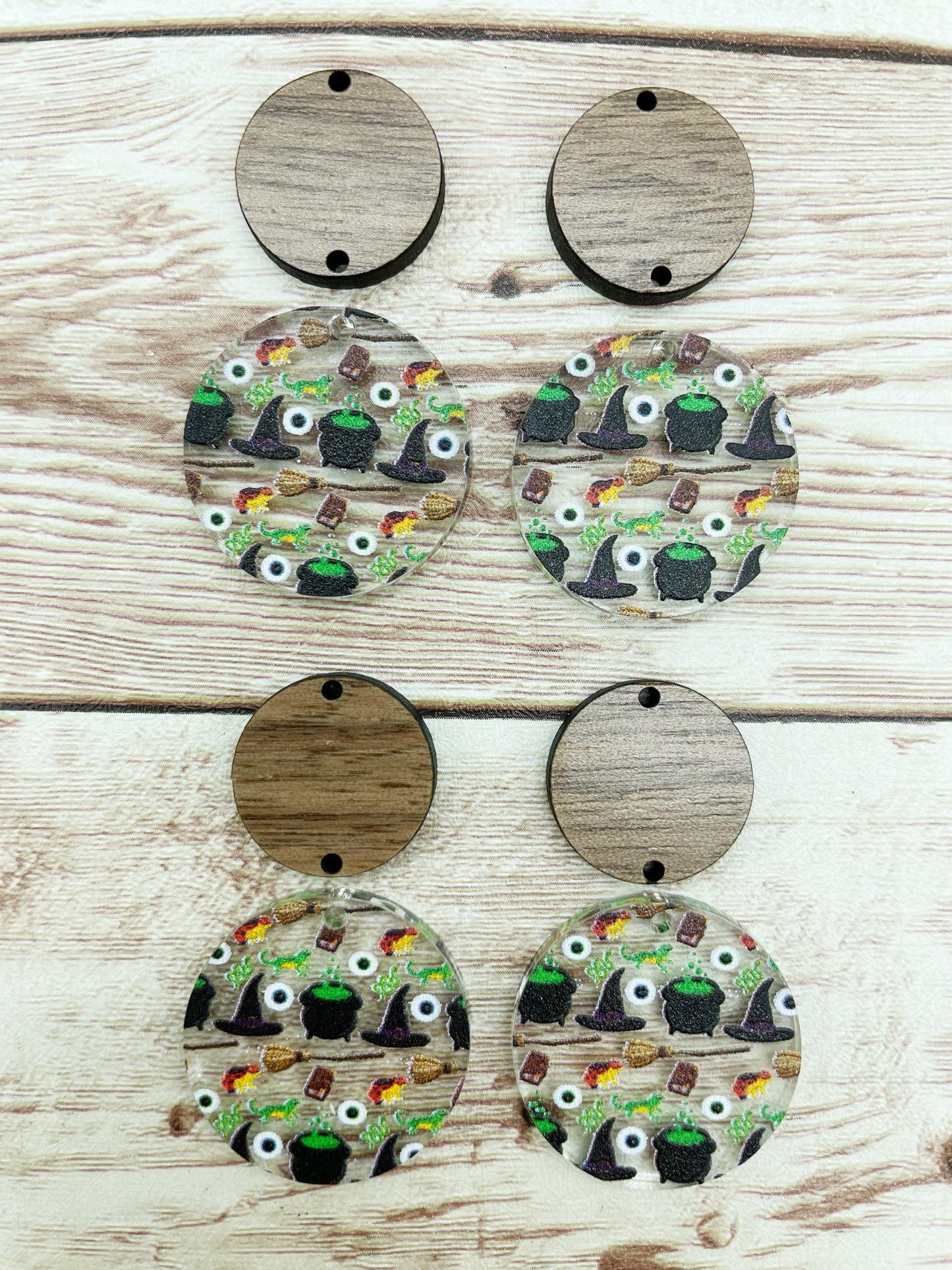 Patterned Halloween Witches Cauldron Acrylic and Wood Circle Set Earring Blanks, DIY Jewelry Making