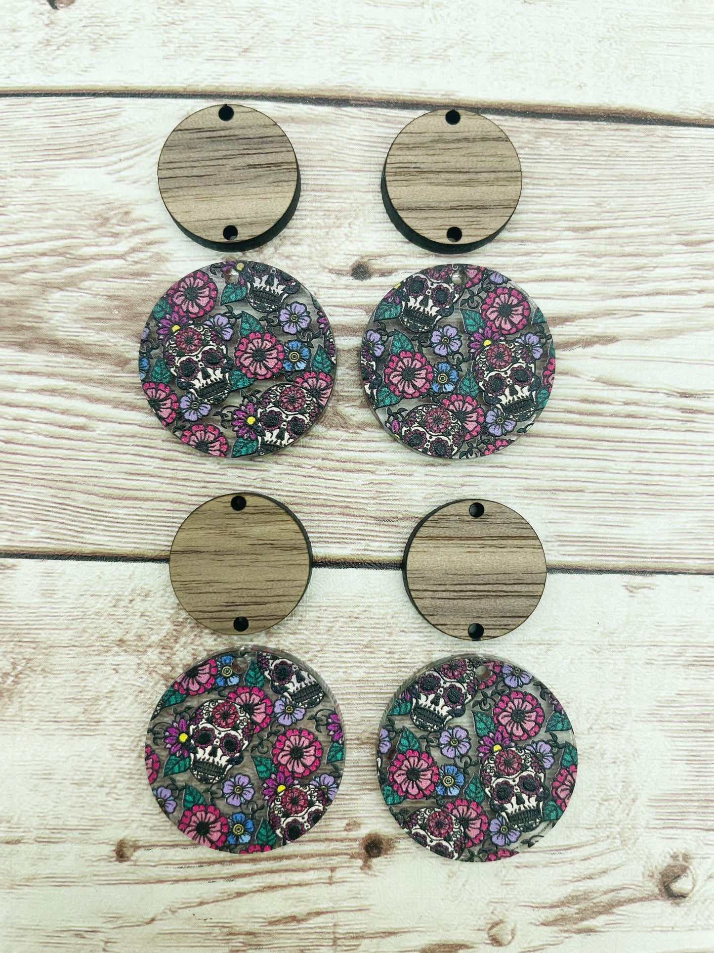 Patterned Floral Sugar Skull Acrylic and Wood Circle Set Earring Blanks, DIY Jewelry Making