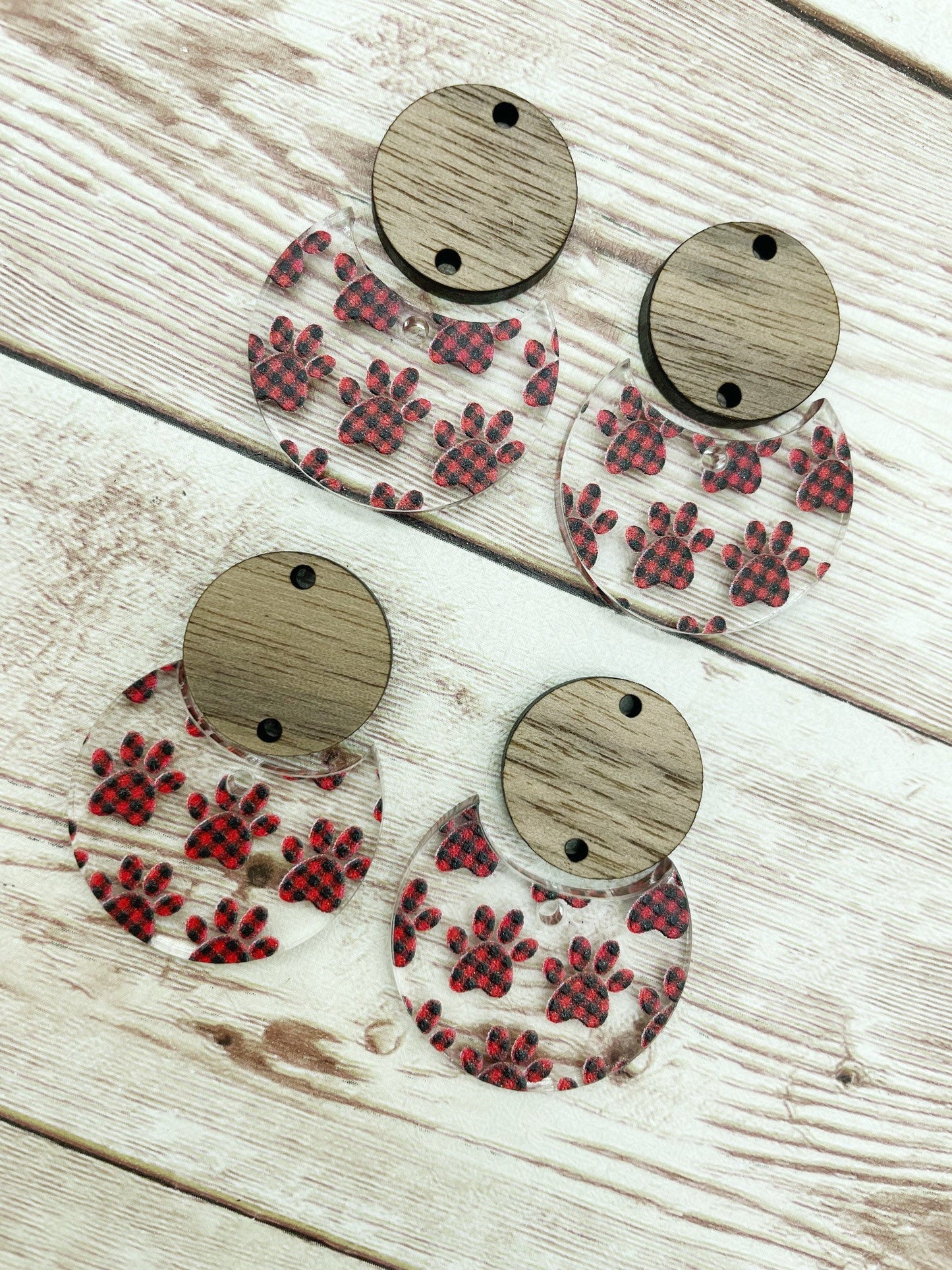 Patterned Buffalo Plaid Paw Print Acrylic and Wood Circle Set Earring Blanks, DIY Jewelry Making