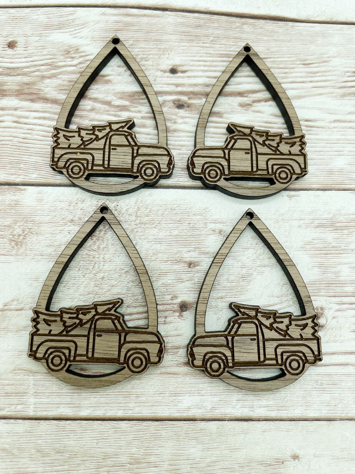 Wood Teardrop Engraved Christmas Vintage Truck Earring Blanks, Finished Walnut Blank, DIY Jewelry Making