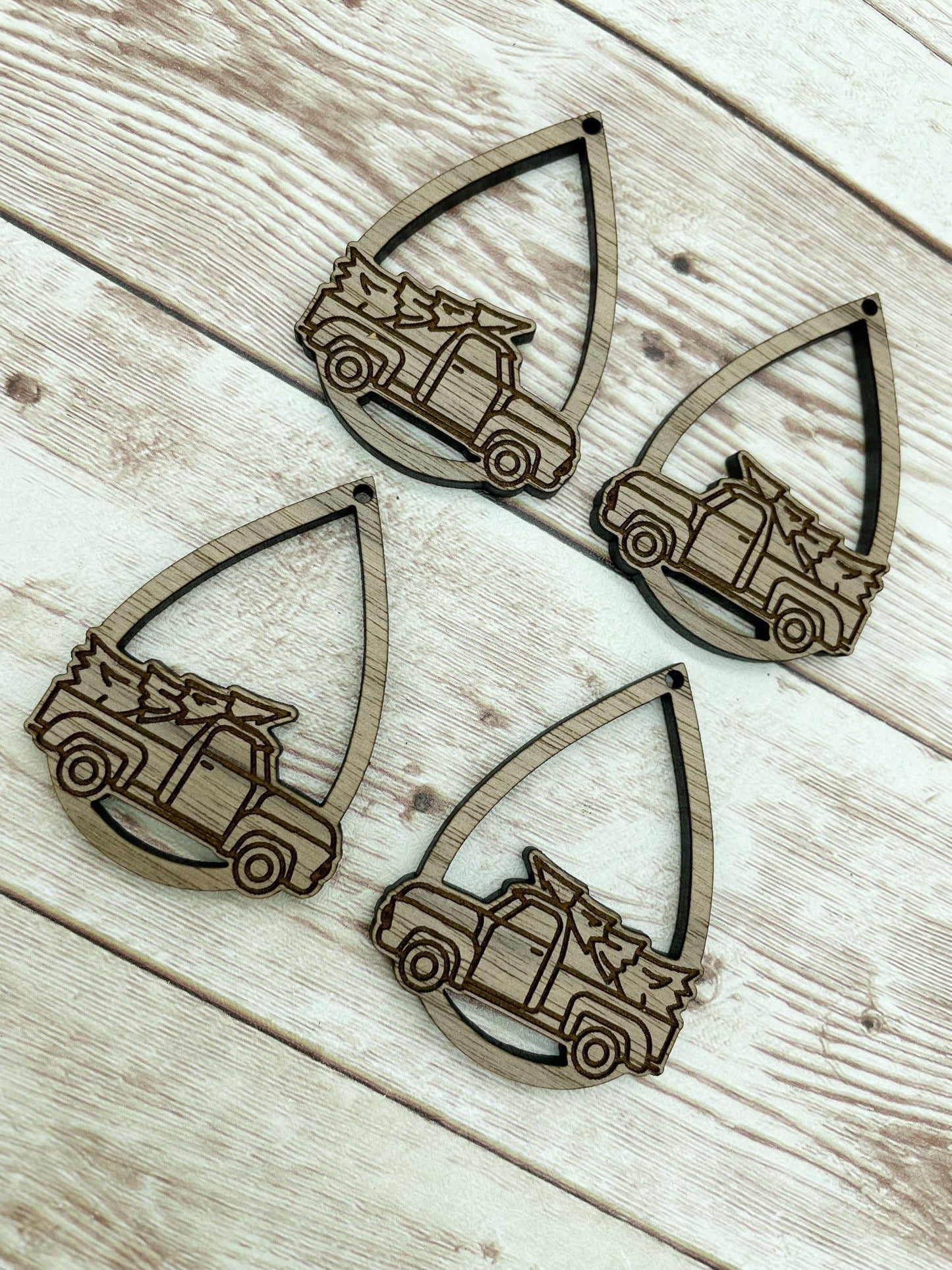 Wood Teardrop Engraved Christmas Vintage Truck Earring Blanks, Finished Walnut Blank, DIY Jewelry Making