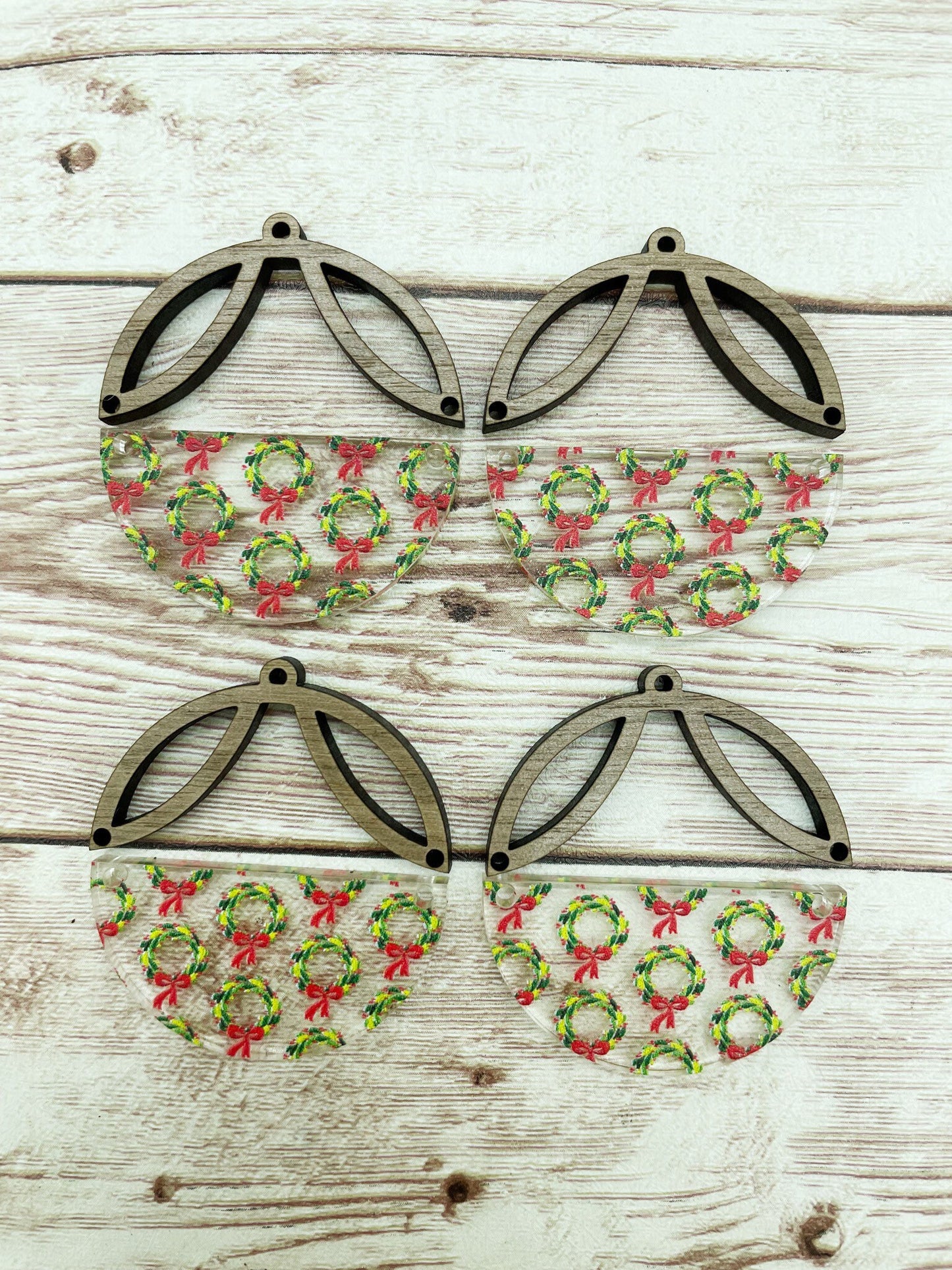 Patterned Acrylic Vintage Holiday Wreath Intricate Wood Arch Round Earring Blanks, DIY Jewelry Making