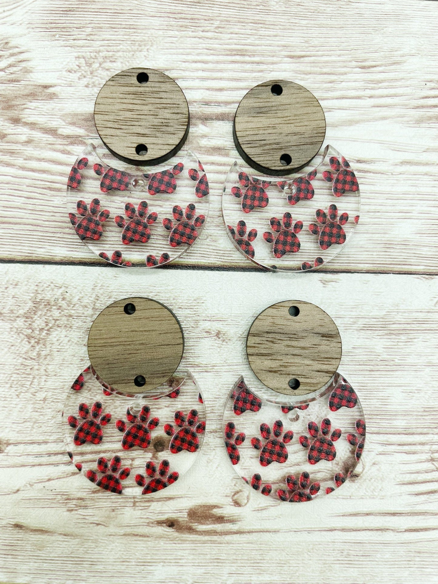 Patterned Buffalo Plaid Paw Print Acrylic and Wood Circle Set Earring Blanks, DIY Jewelry Making