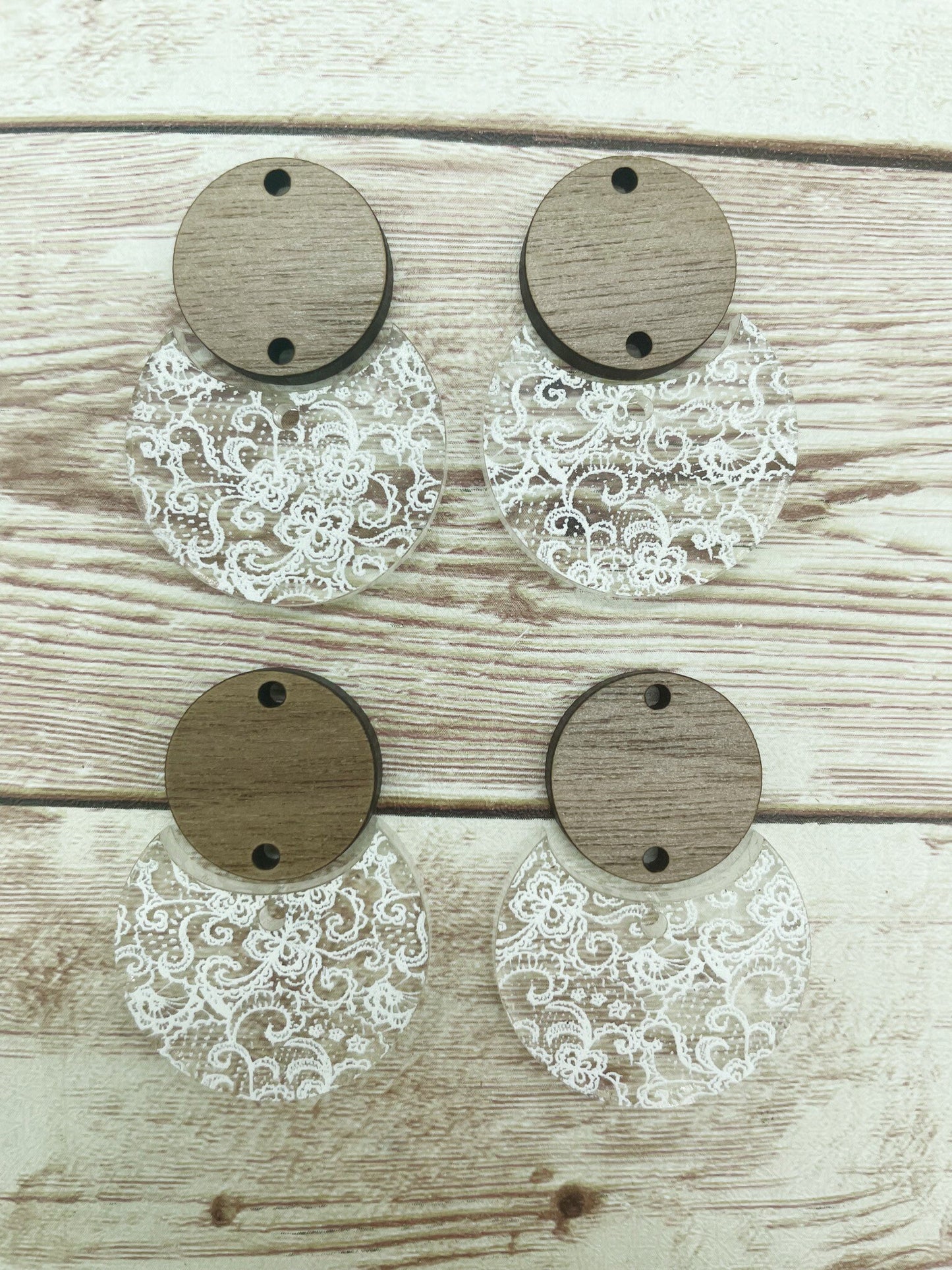 Patterned White Lace Acrylic and Wood Circle Set Earring Blanks, DIY Jewelry Making