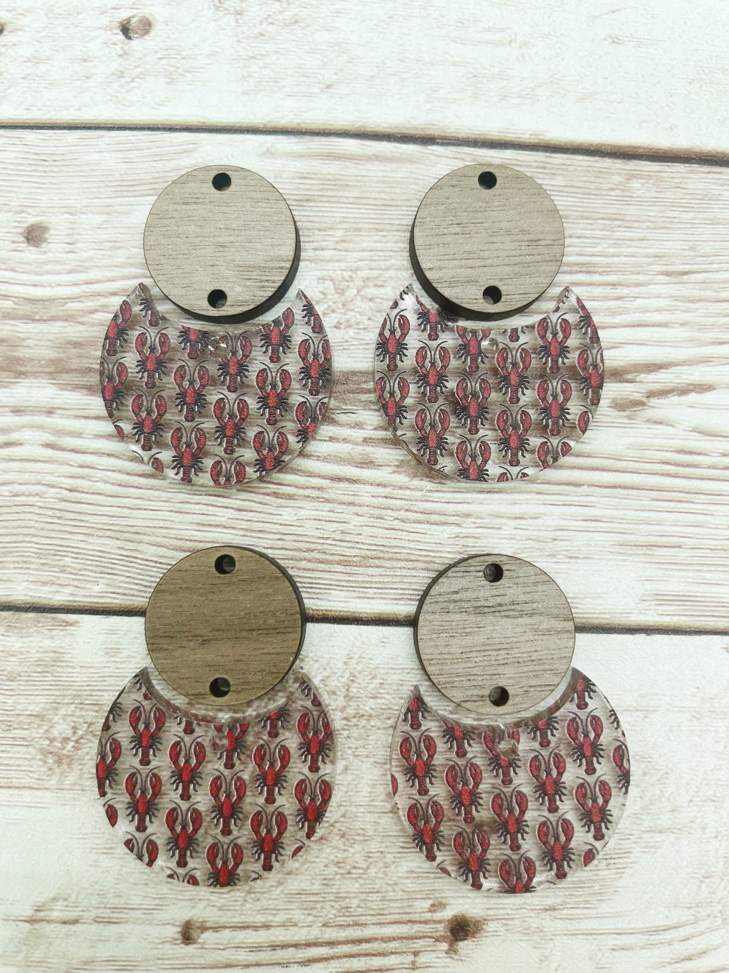 Patterned Lobster Acrylic and Wood Circle Set Earring Blanks, DIY Jewelry Making