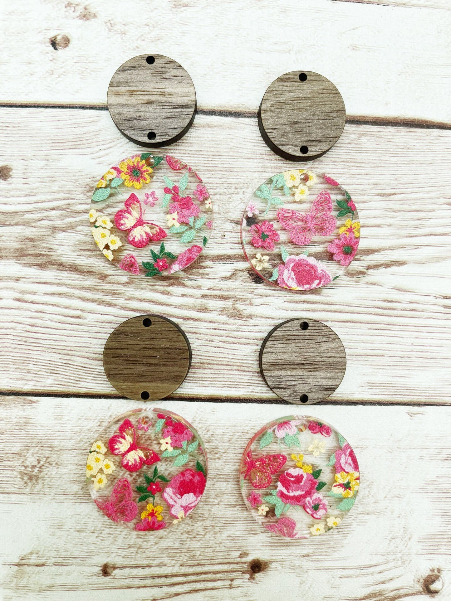 Patterned Floral Butterfly Acrylic and Wood Circle Set Earring Blanks, DIY Jewelry Making