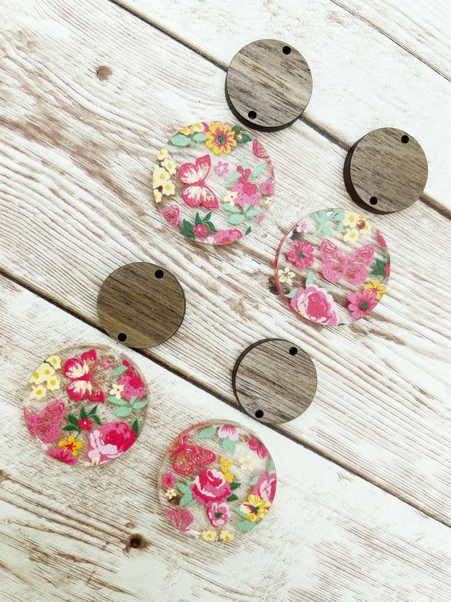 Patterned Floral Butterfly Acrylic and Wood Circle Set Earring Blanks, DIY Jewelry Making