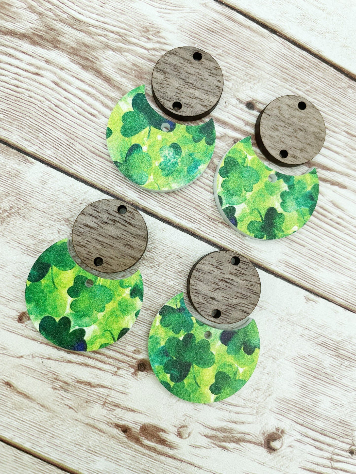 Patterned Shamrock Print Acrylic and Wood Circle Set Earring Blanks, DIY Jewelry Making