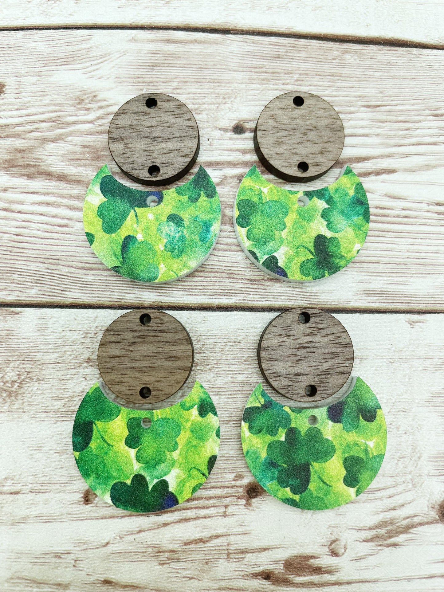 Patterned Shamrock Print Acrylic and Wood Circle Set Earring Blanks, DIY Jewelry Making