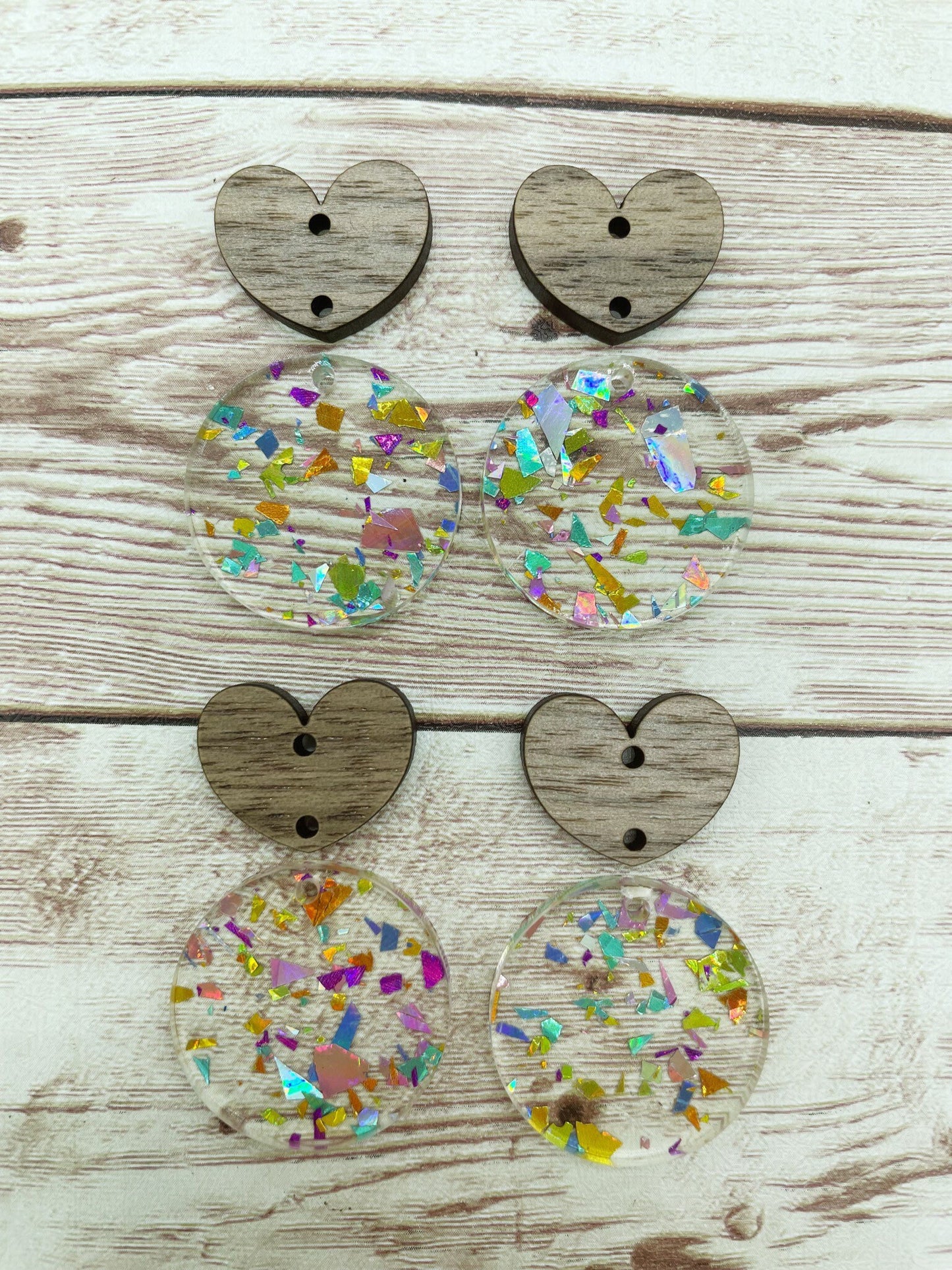 Rainbow Flake Acrylic and Wood Heart Earring Blanks, DIY Jewelry Making