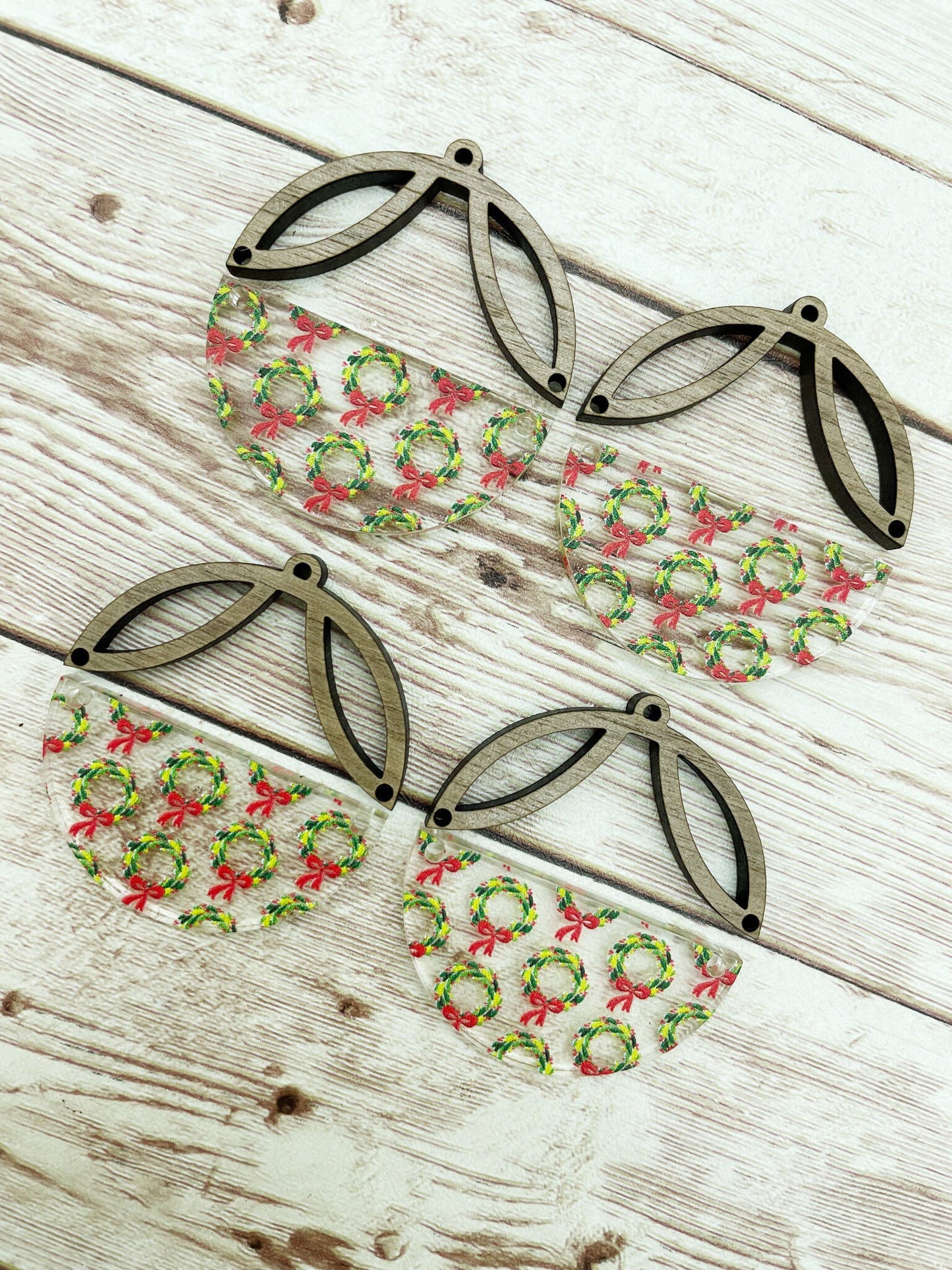 Patterned Acrylic Vintage Holiday Wreath Intricate Wood Arch Round Earring Blanks, DIY Jewelry Making