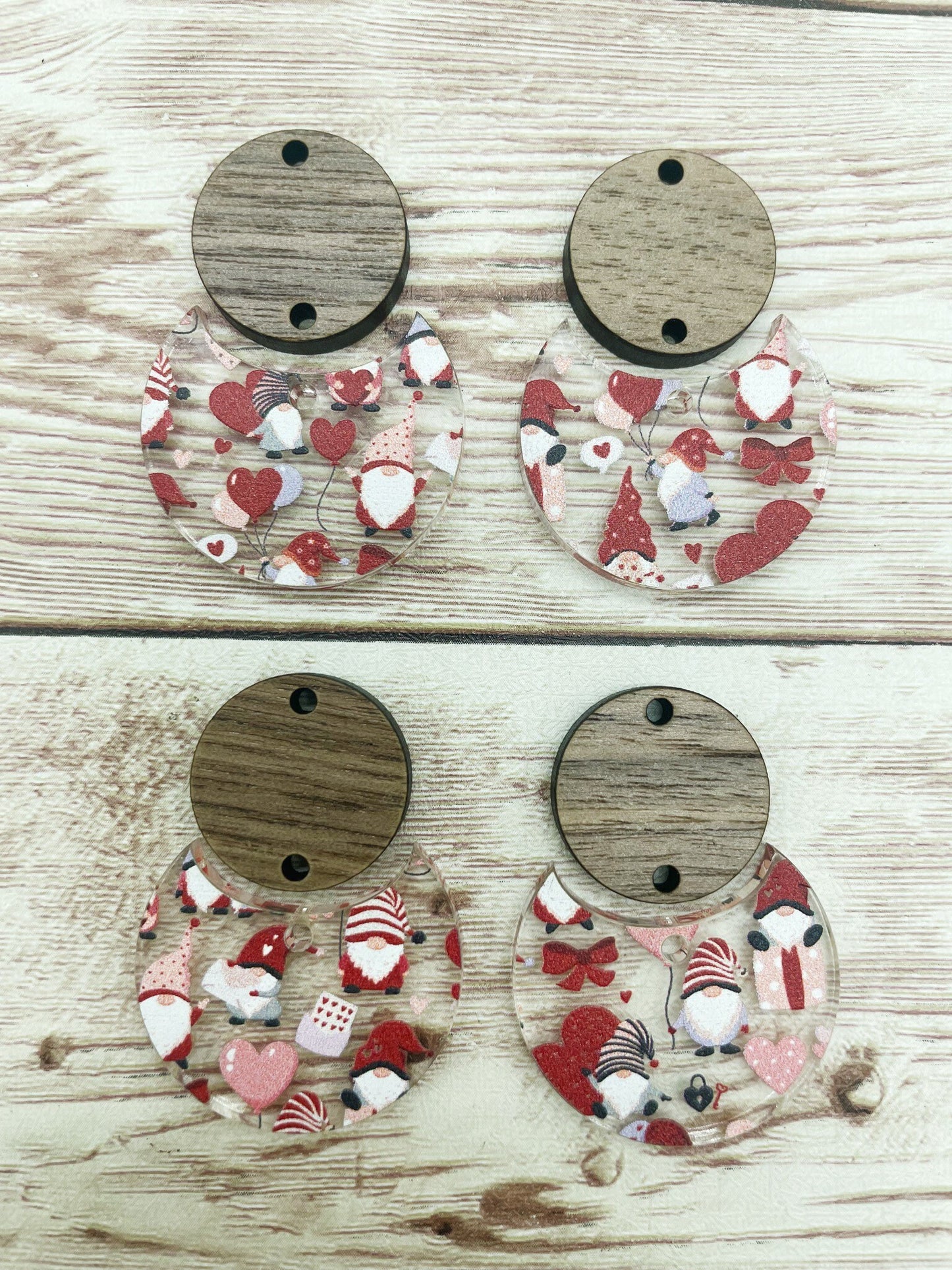 Patterned Valentine’s Day Gnome Acrylic and Wood Circle Set Earring Blanks, DIY Jewelry Making