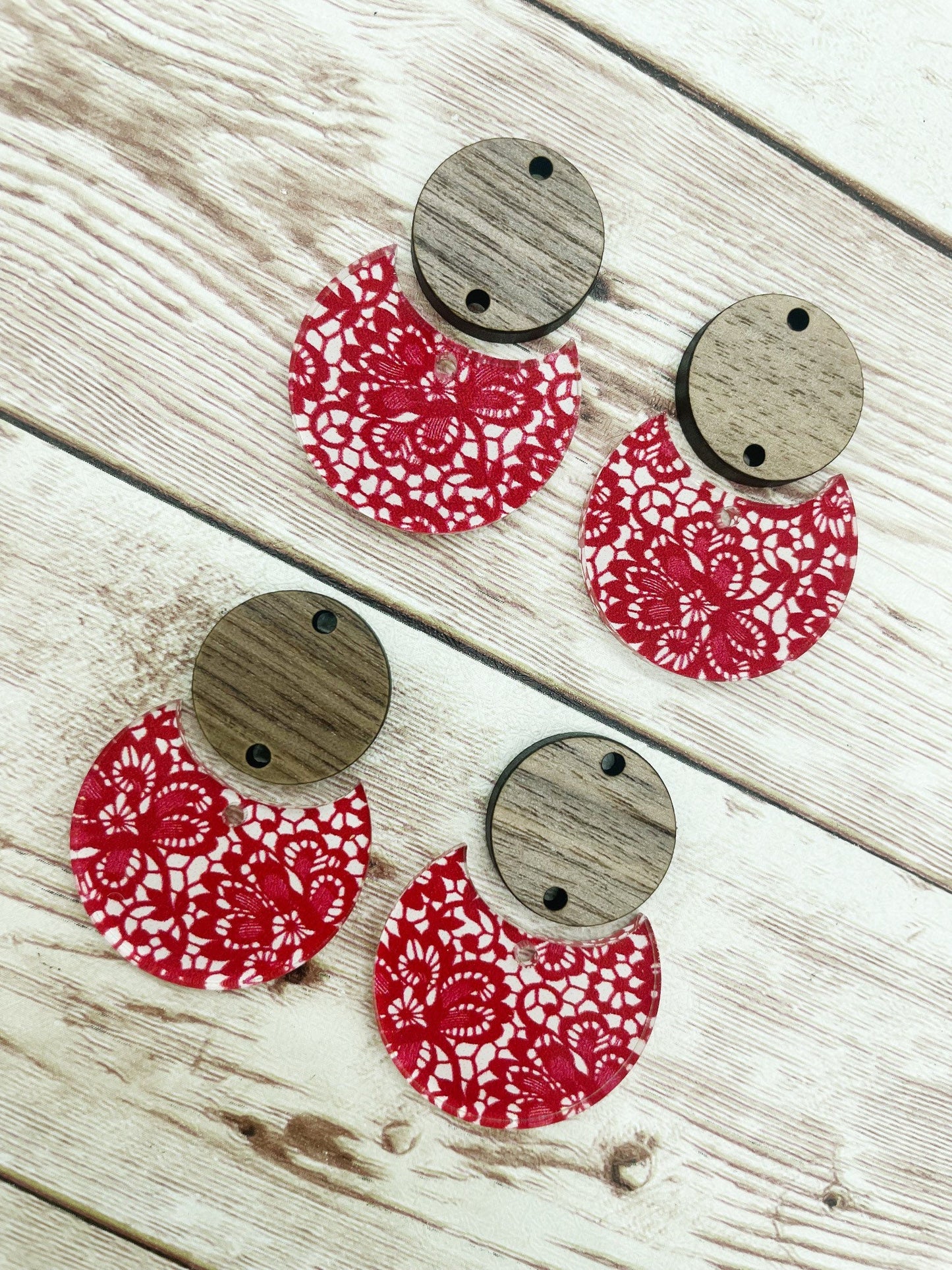Patterned Red Lace Print Acrylic and Wood Circle Set Earring Blanks, DIY Jewelry Making