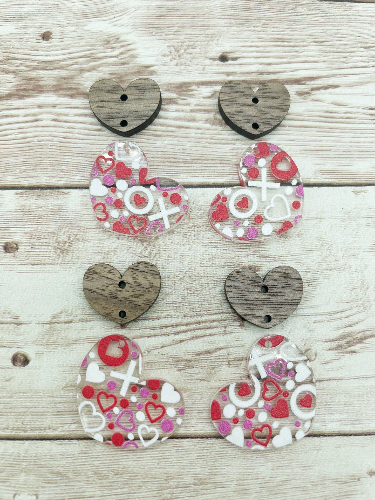 XOXO Print Acrylic and Wood Heart Earring Blanks, DIY Jewelry Making