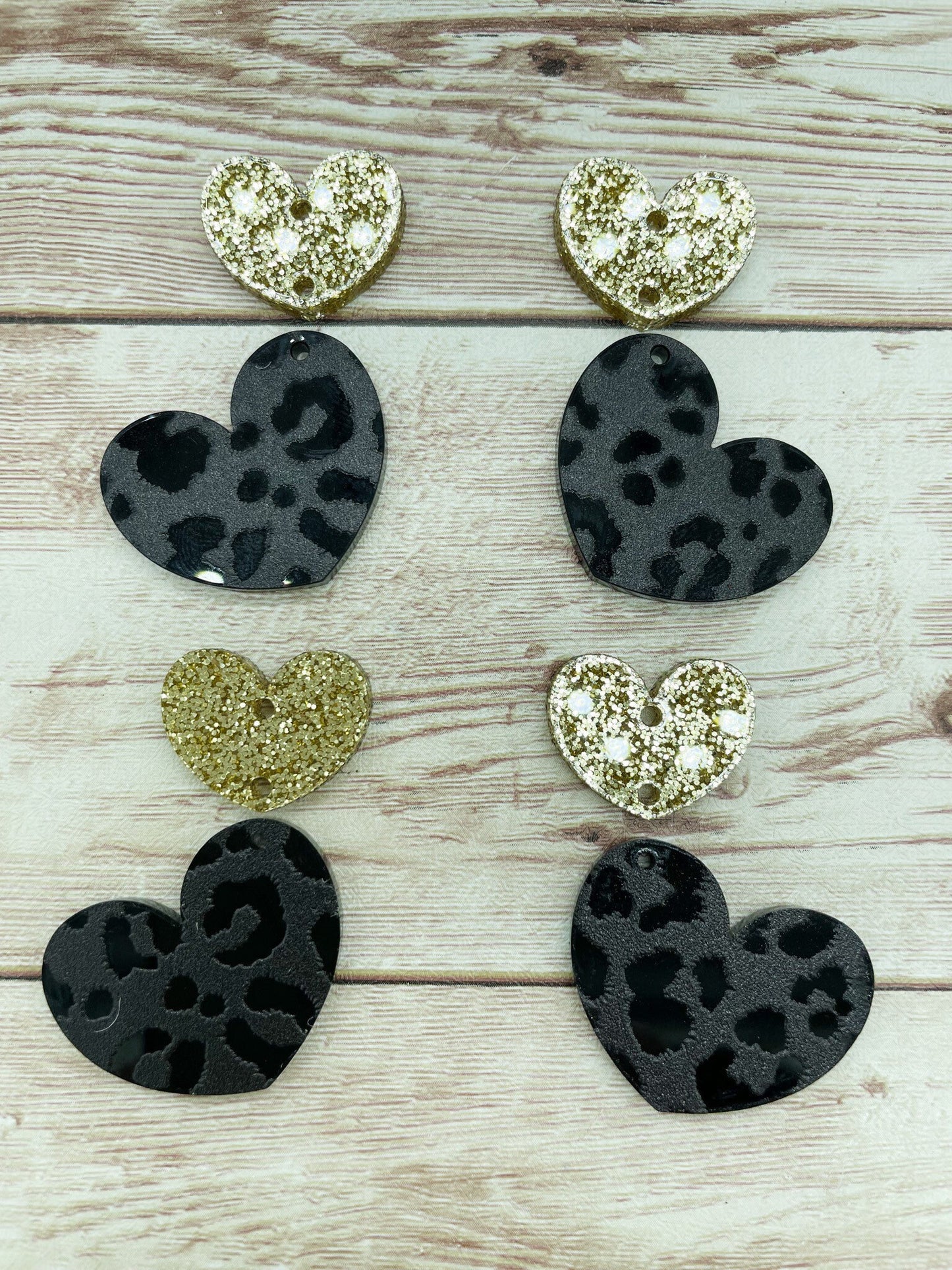Black Leopard Print Acrylic and Gold Glitter Heart Earring Blanks, DIY Jewelry Making