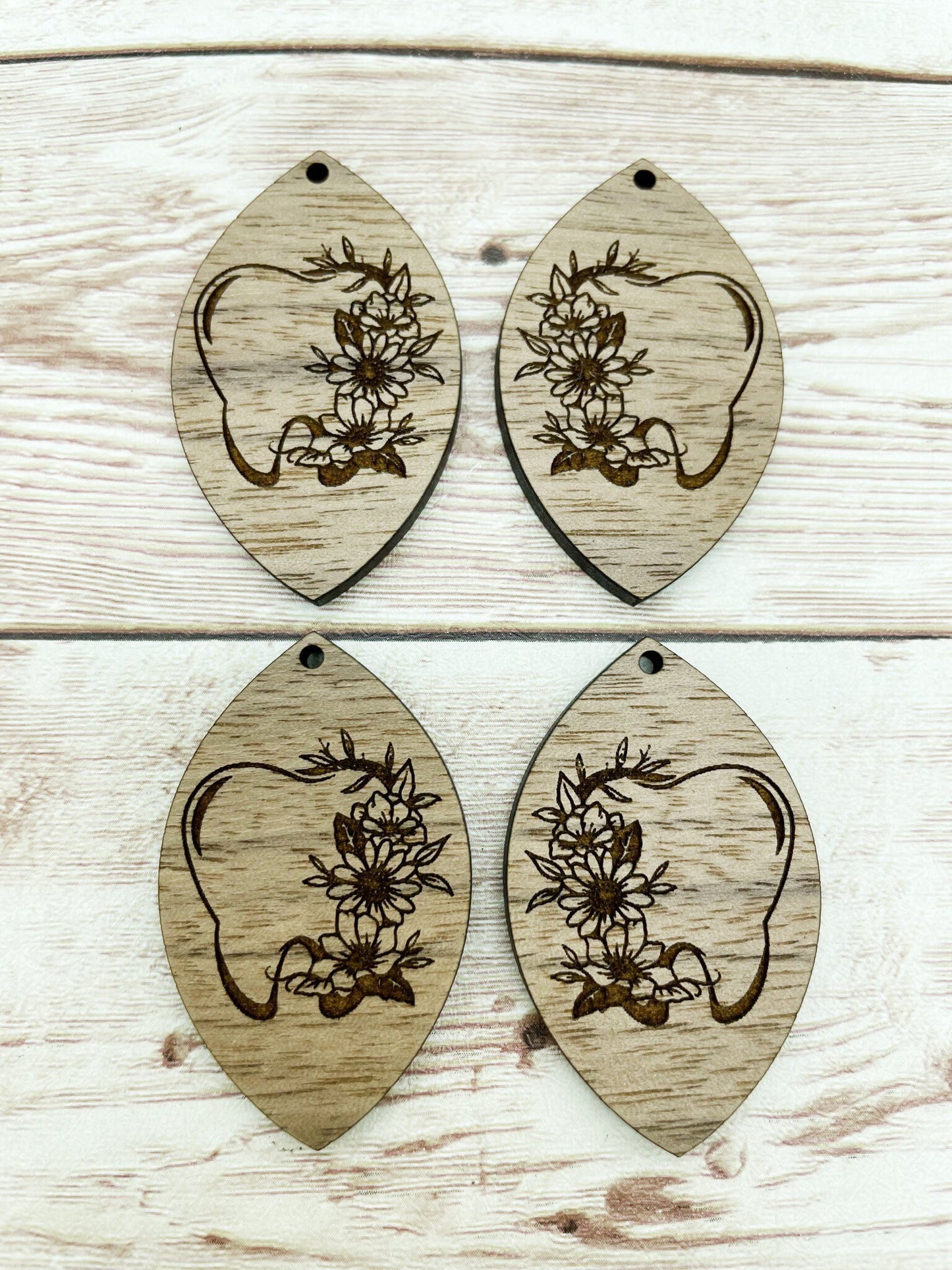Wood Teardrop Engraved Floral Tooth Earring Blanks, Finished Walnut Blank, DIY Jewelry Making