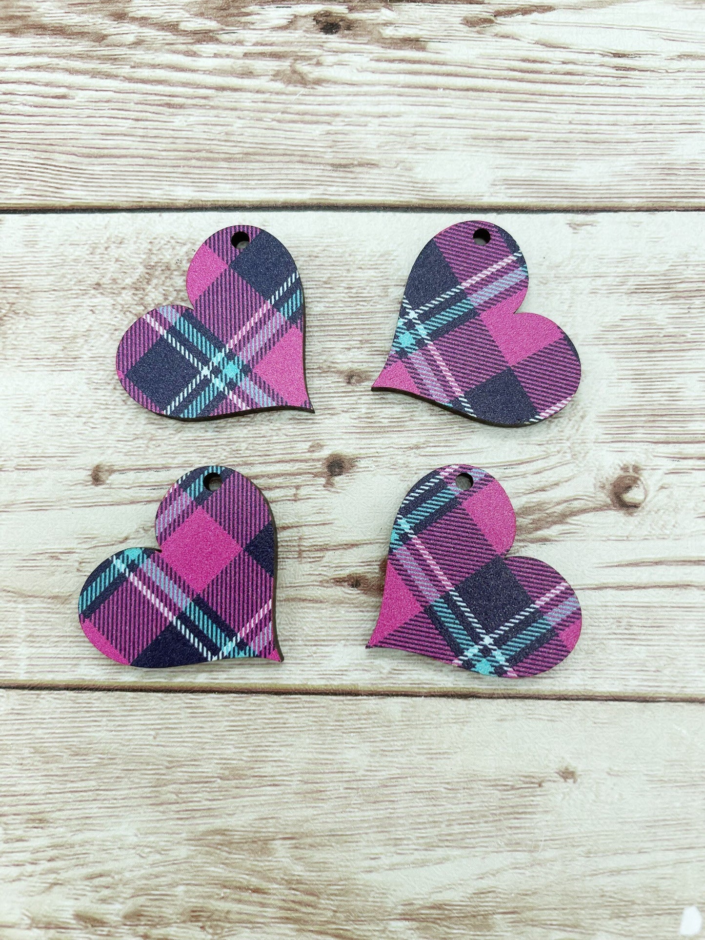 Patterned Wood Pink Plaid Heart Earring Blanks, DIY Jewelry Making
