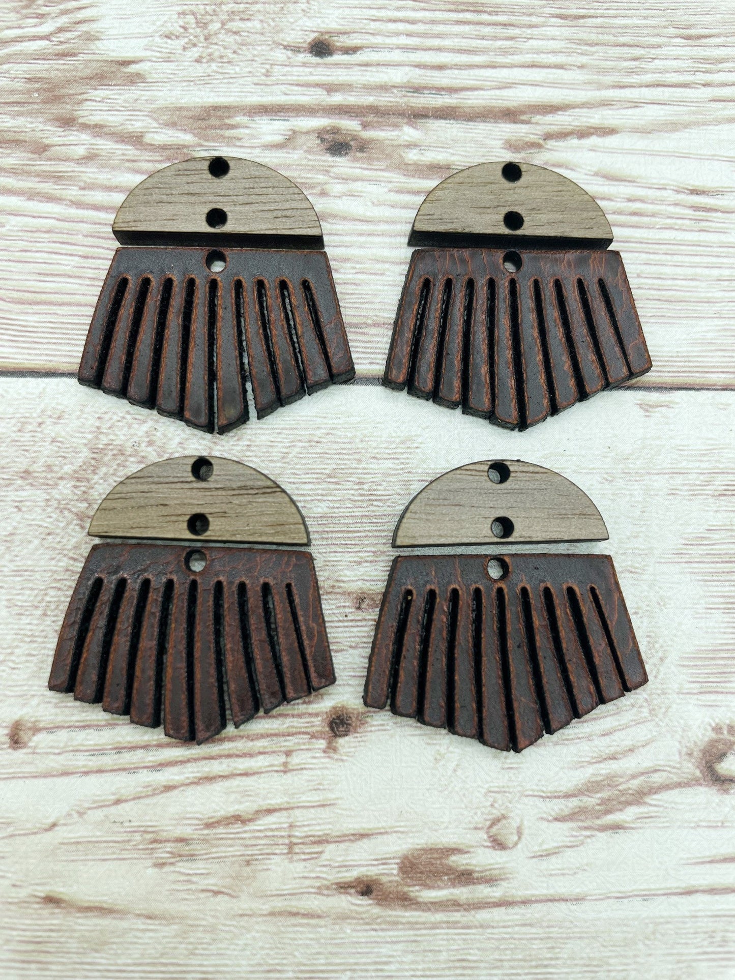 Wood and Vegetable Tanned Brown Fringe Leather Earring Blanks, Finished Walnut Blank, DIY Jewelry Making