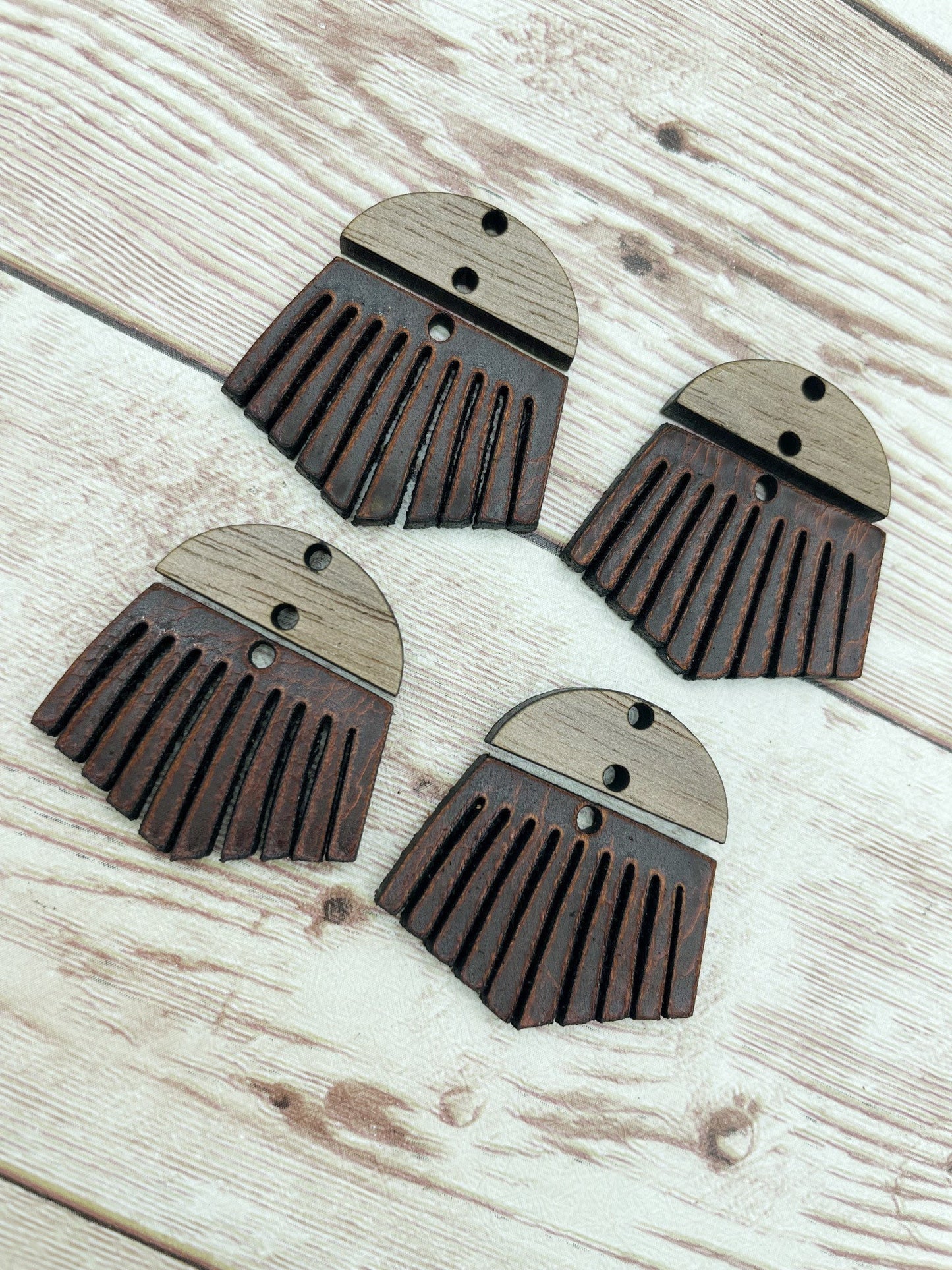 Wood and Vegetable Tanned Brown Fringe Leather Earring Blanks, Finished Walnut Blank, DIY Jewelry Making