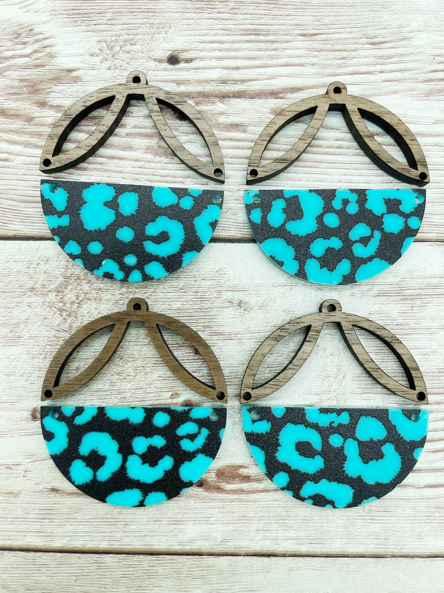 Patterned Teal Leopard Print Acrylic Intricate Wood Arch Round Earring Blanks, DIY Jewelry Making