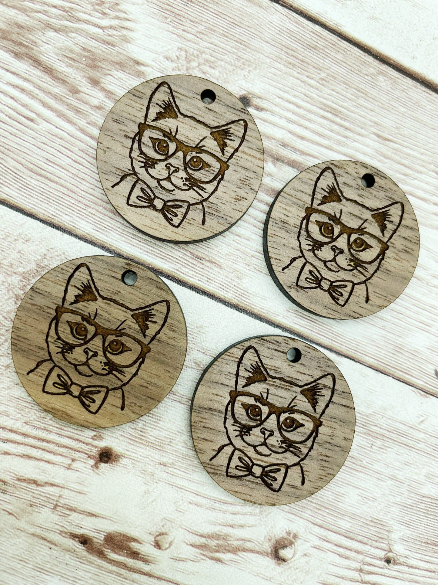 Wood Circle Engraved Cat Glasses Earring Blanks, Finished Walnut Blank, DIY Jewelry Making