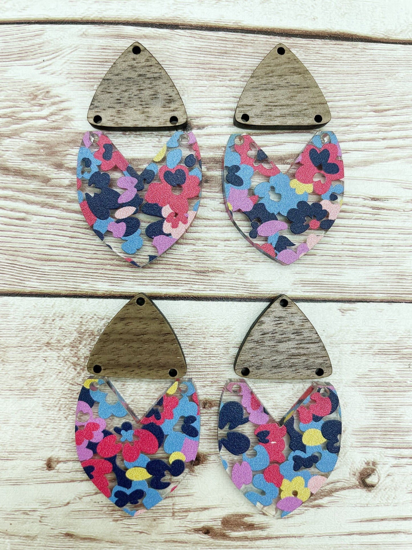 Colorful Floral Acrylic and Walnut Triangle Set Earring Blanks, DIY Jewelry Making