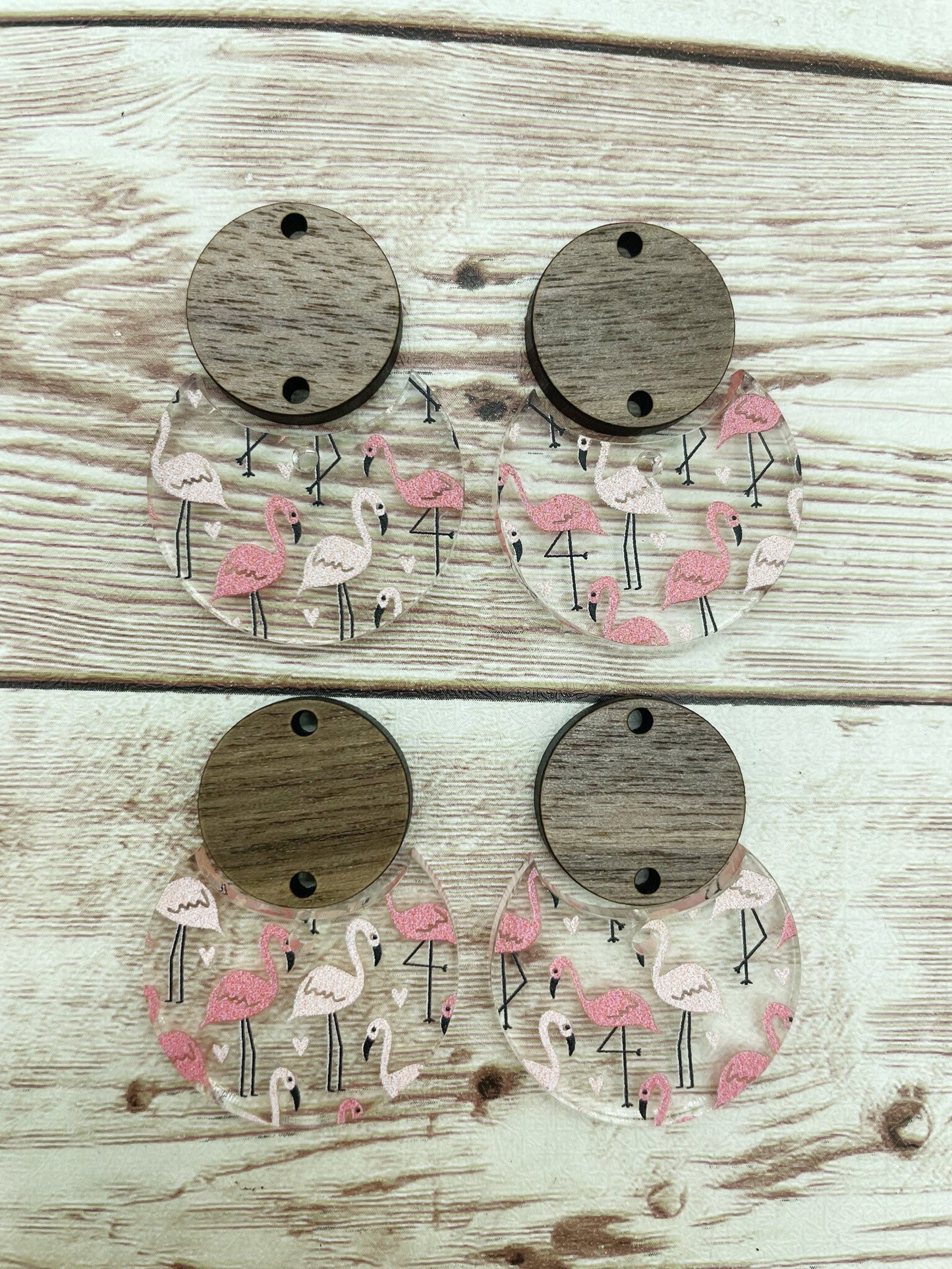 Patterned Flamingo Print Acrylic and Wood Circle Set Earring Blanks, DIY Jewelry Making