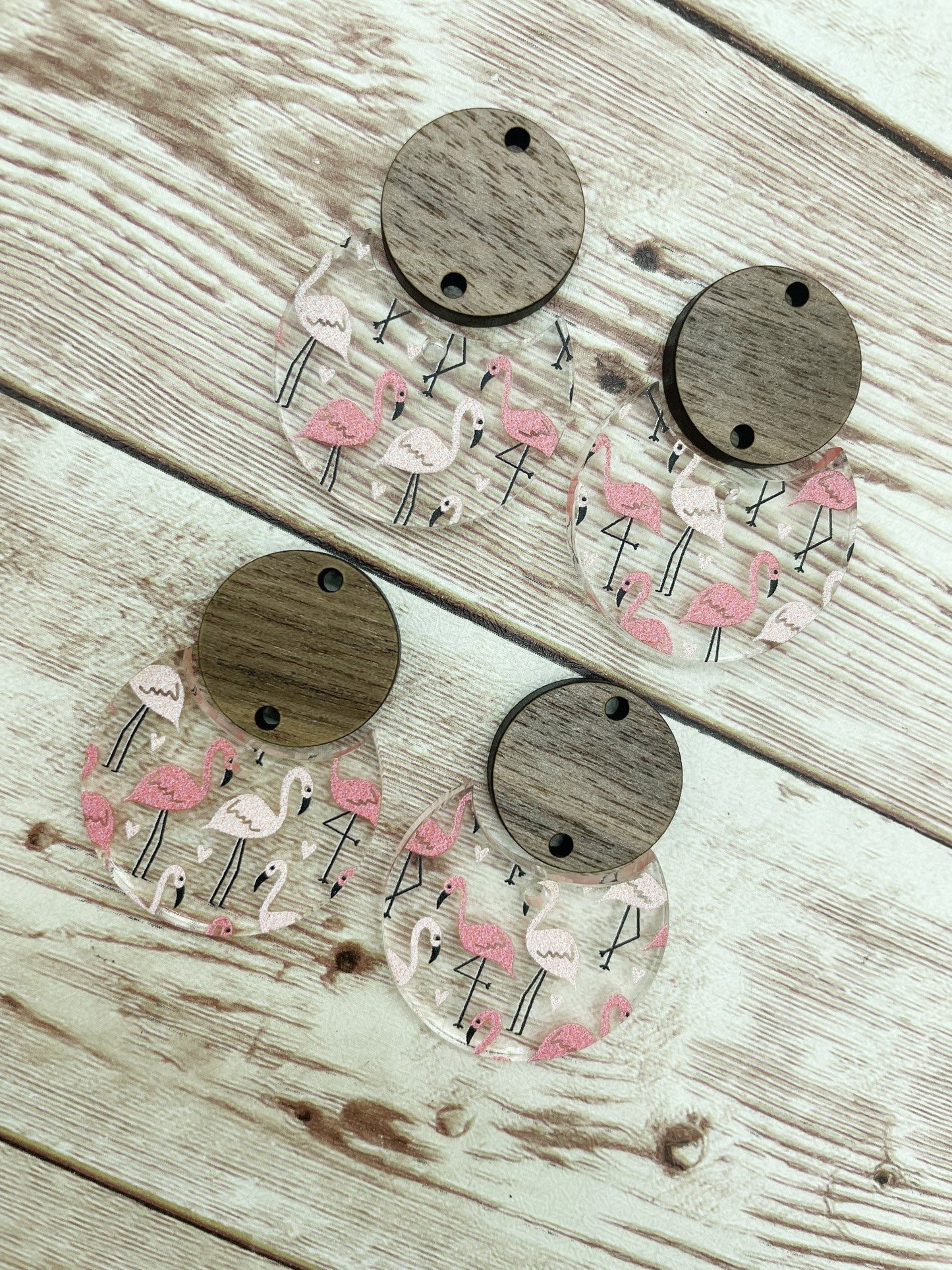 Patterned Flamingo Print Acrylic and Wood Circle Set Earring Blanks, DIY Jewelry Making