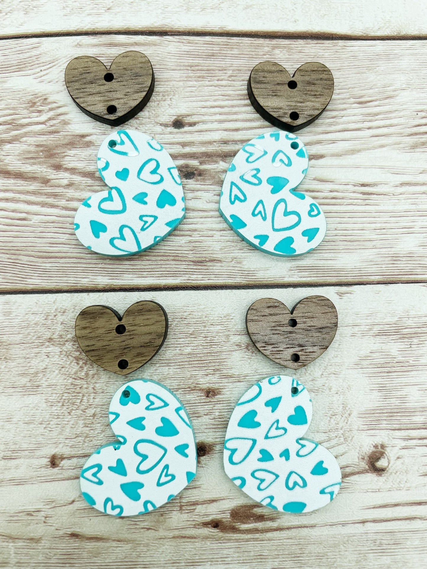 Teal and White Heart Print Acrylic and Wood Heart Earring Blanks, DIY Jewelry Making