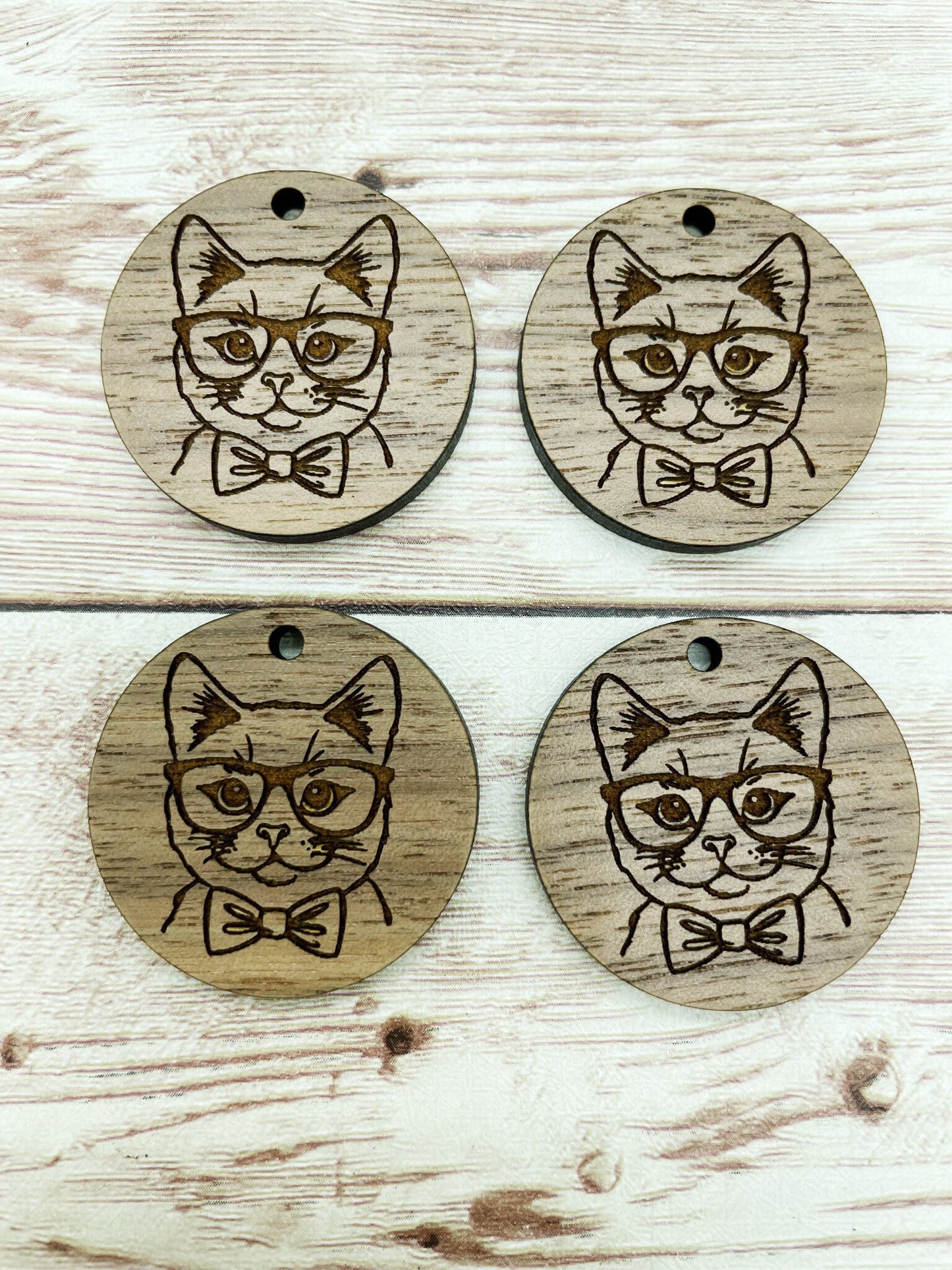 Wood Circle Engraved Cat Glasses Earring Blanks, Finished Walnut Blank, DIY Jewelry Making