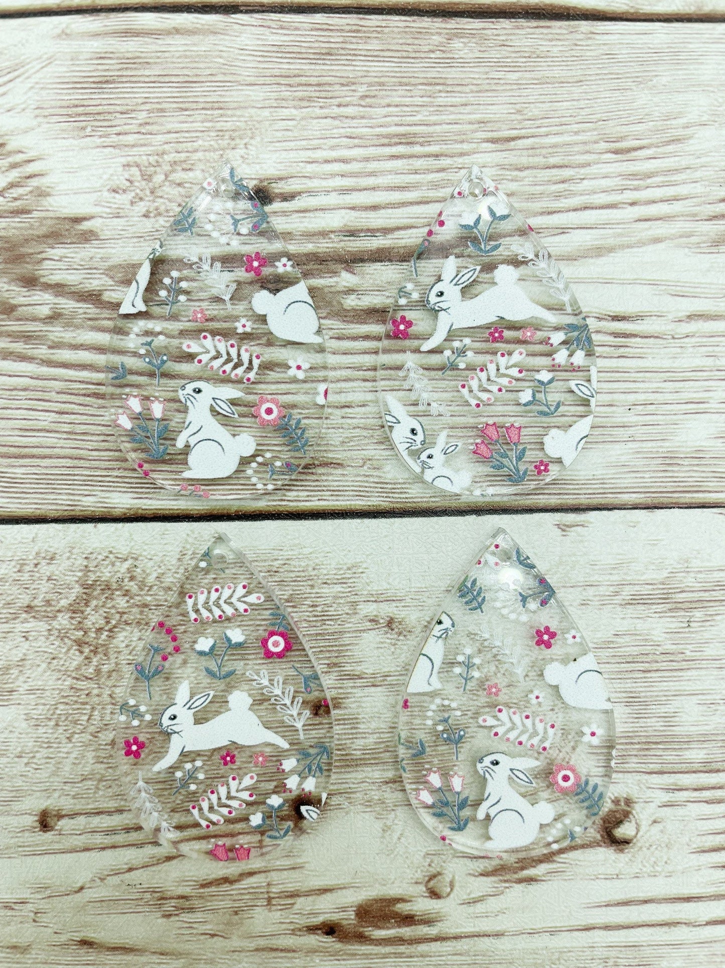 Patterned Floral Bunny Rabbit Easter Print Acrylic Teardrop Earring Blanks, DIY Jewelry Making