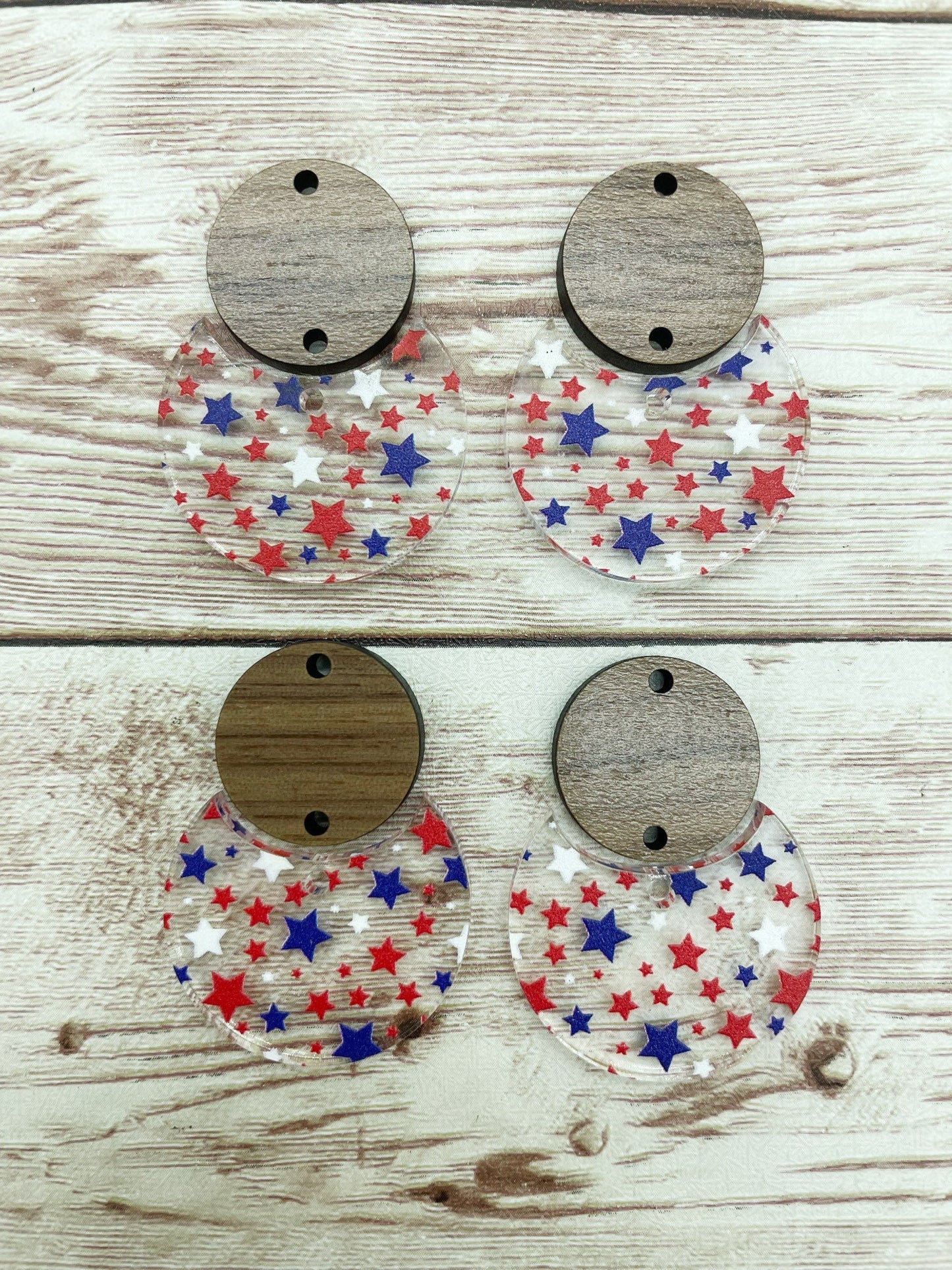Patterned Star July Patriotic Acrylic and Wood Circle Set Earring Blanks, DIY Jewelry Making