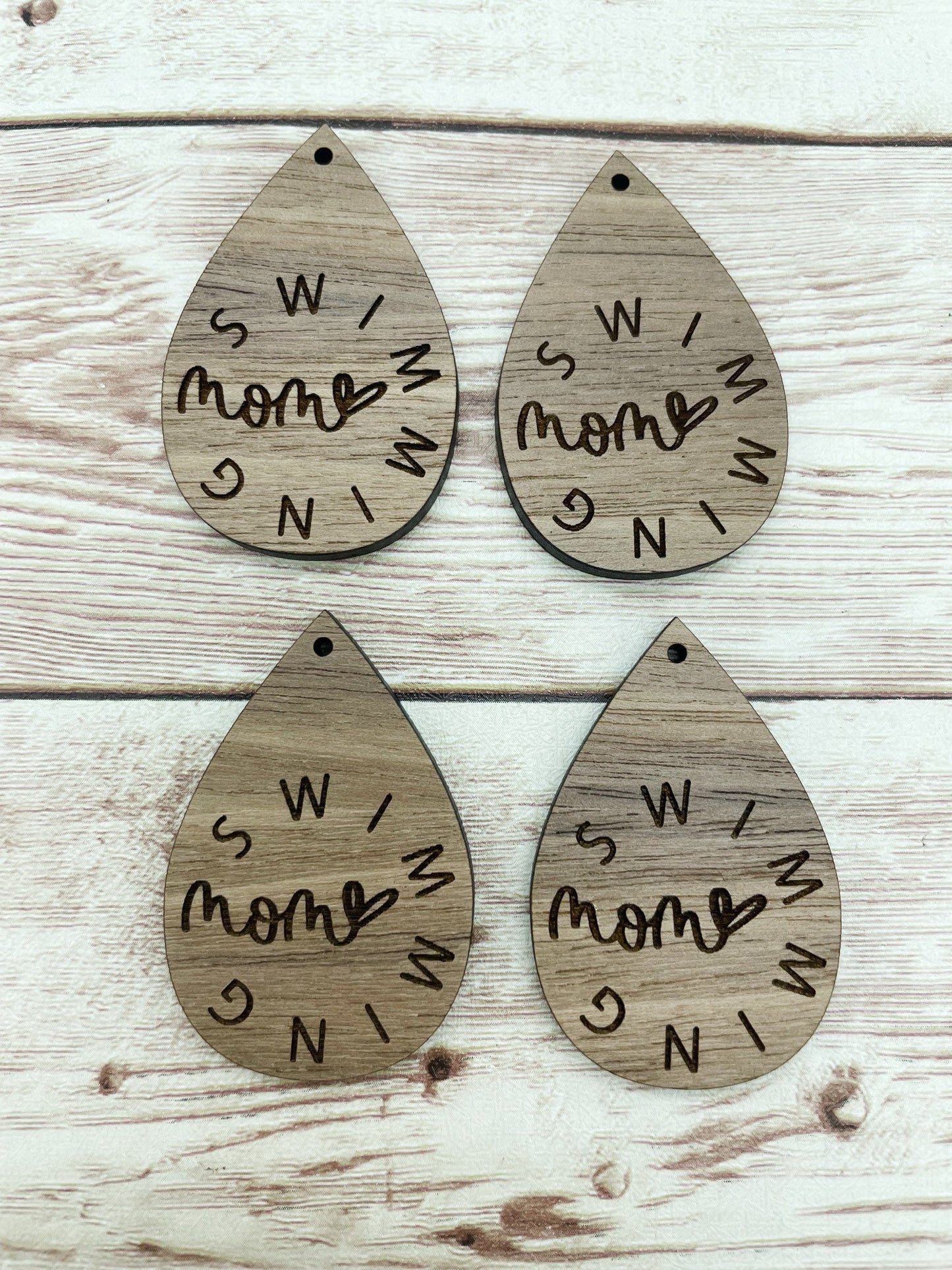 Wood Teardrop Engraved Swimming Mom Earring Blanks, Finished Walnut Blank, DIY Jewelry Making