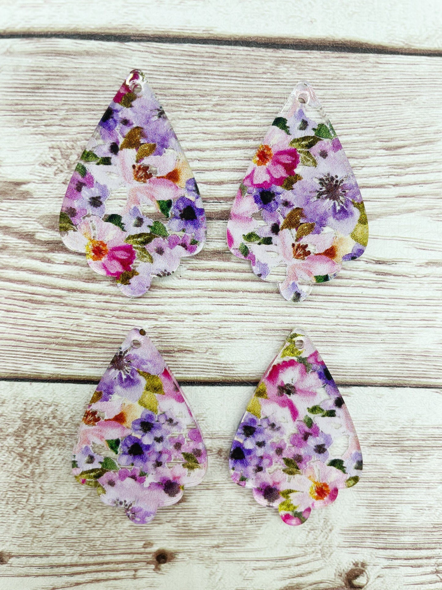 Patterned Purple and Pink Floral Ruffled Teardrop Acrylic Earring Blanks, DIY Jewelry Making