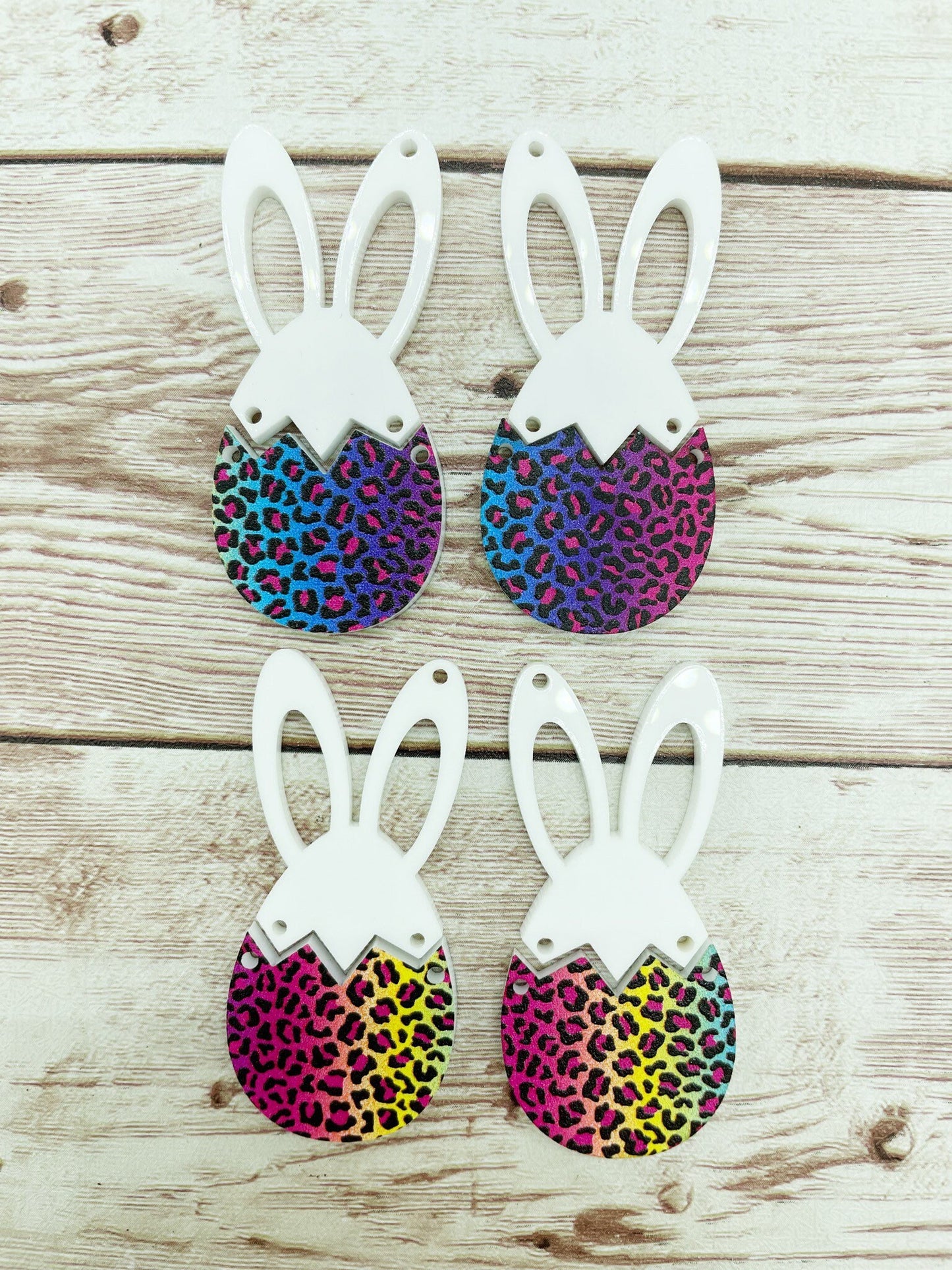 Rainbow Leopard Acrylic and White Bunny Rabbit Egg Set Print Earring Blanks, DIY Jewelry Making