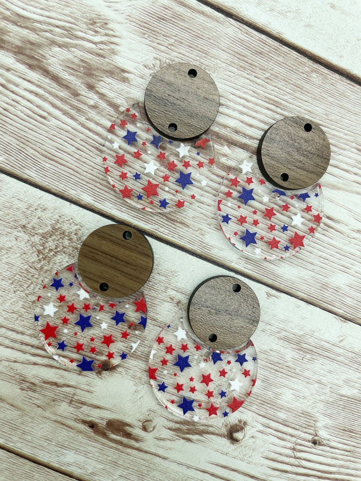 Patterned Star July Patriotic Acrylic and Wood Circle Set Earring Blanks, DIY Jewelry Making