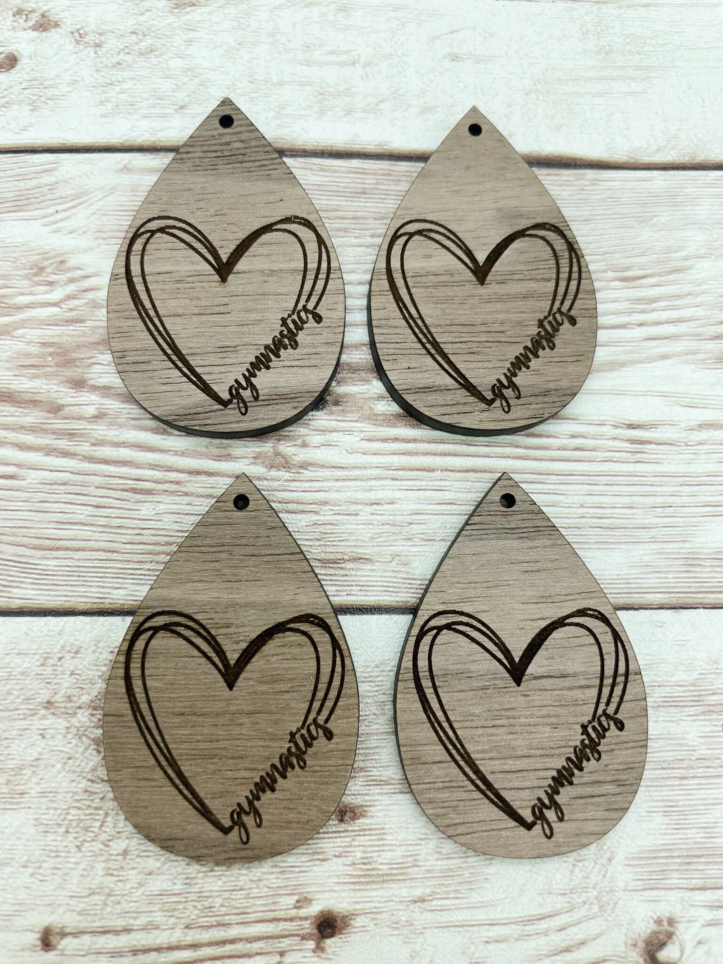 Wood Teardrop Engraved Gymnastics Heart Earring Blanks, Finished Walnut Blank, DIY Jewelry Making