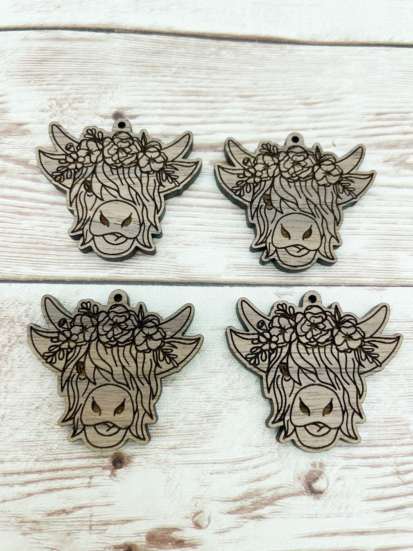 Wood Engraved Floral Highland Cow Earring Blanks, Finished Walnut Blank, DIY Jewelry Making